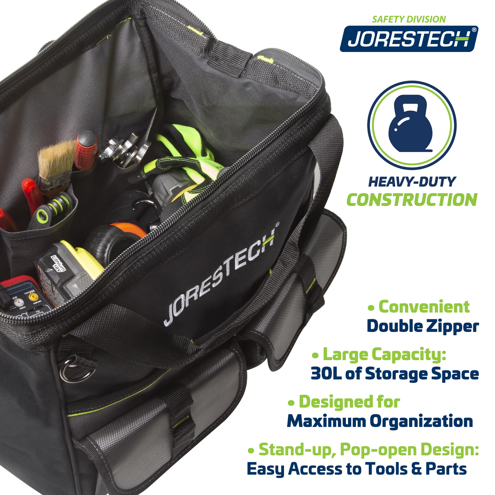 Multipurpose tool bag open filled with tools. Text reads: Heavy duty construction. Convenient double zipper. Large capacity of 30Lbs of storage space. Designed for maximum organization. Stand-up, pop-open design