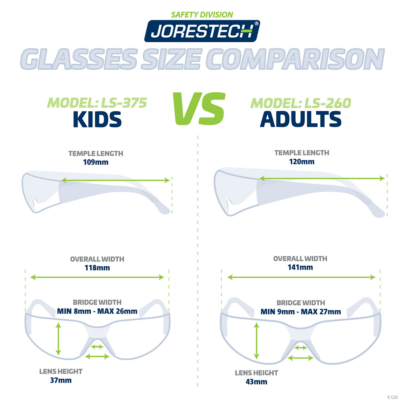 Comparison diagram between the JORESTECH safety glasses 375 for kids and the adults JORESTECH safety glasses 260. Text for kids reads: temple length 109mm, overall width 118mm, lens height 37mm and max and min bridge width 26mm and 8mm. Text for adults reads: temple length 120mm, overall width 141mm, lens height 43mm and max and min bridge width 27mm and 9mm