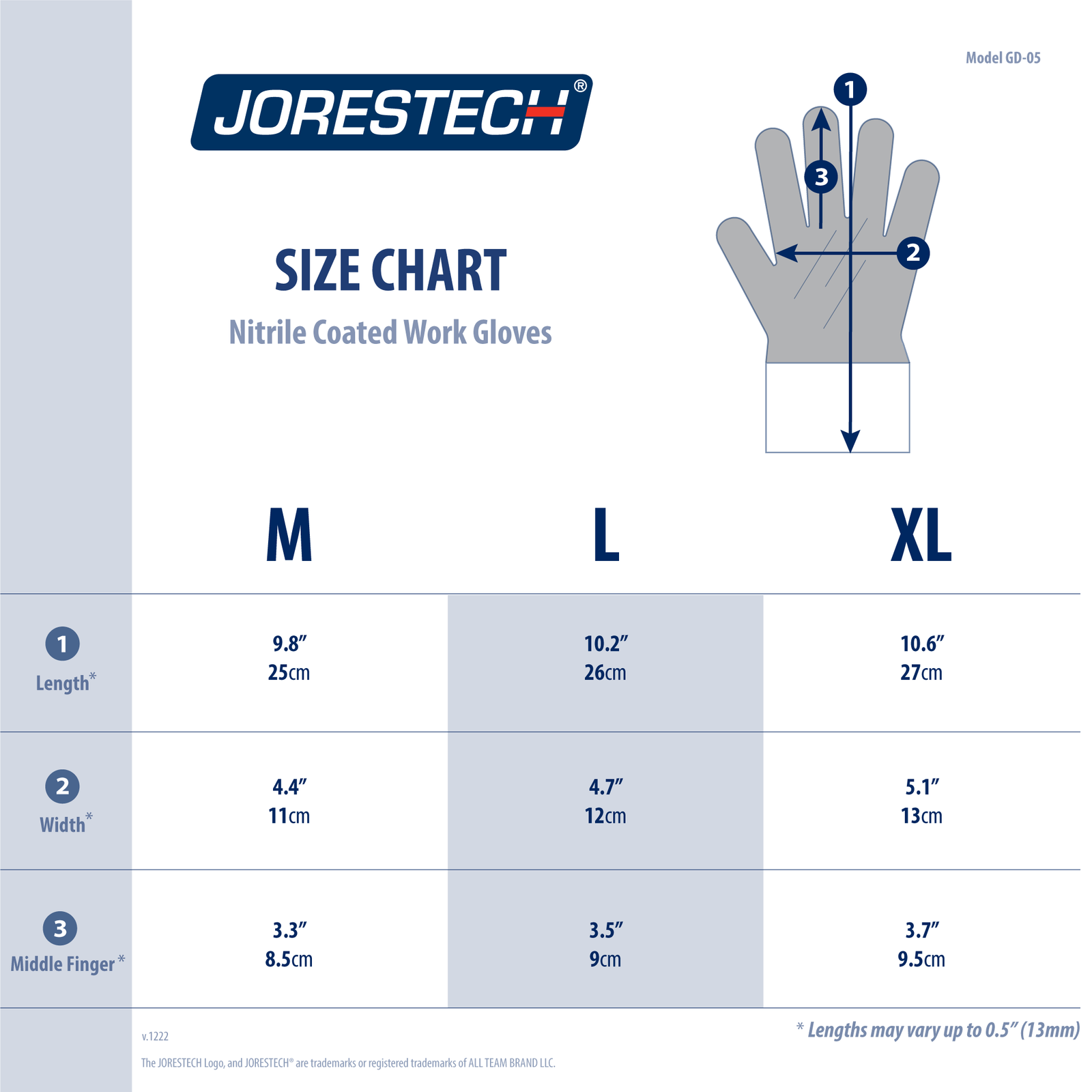 Size chart of the JORESTECH nitrile coated safety gloves pack of 12
