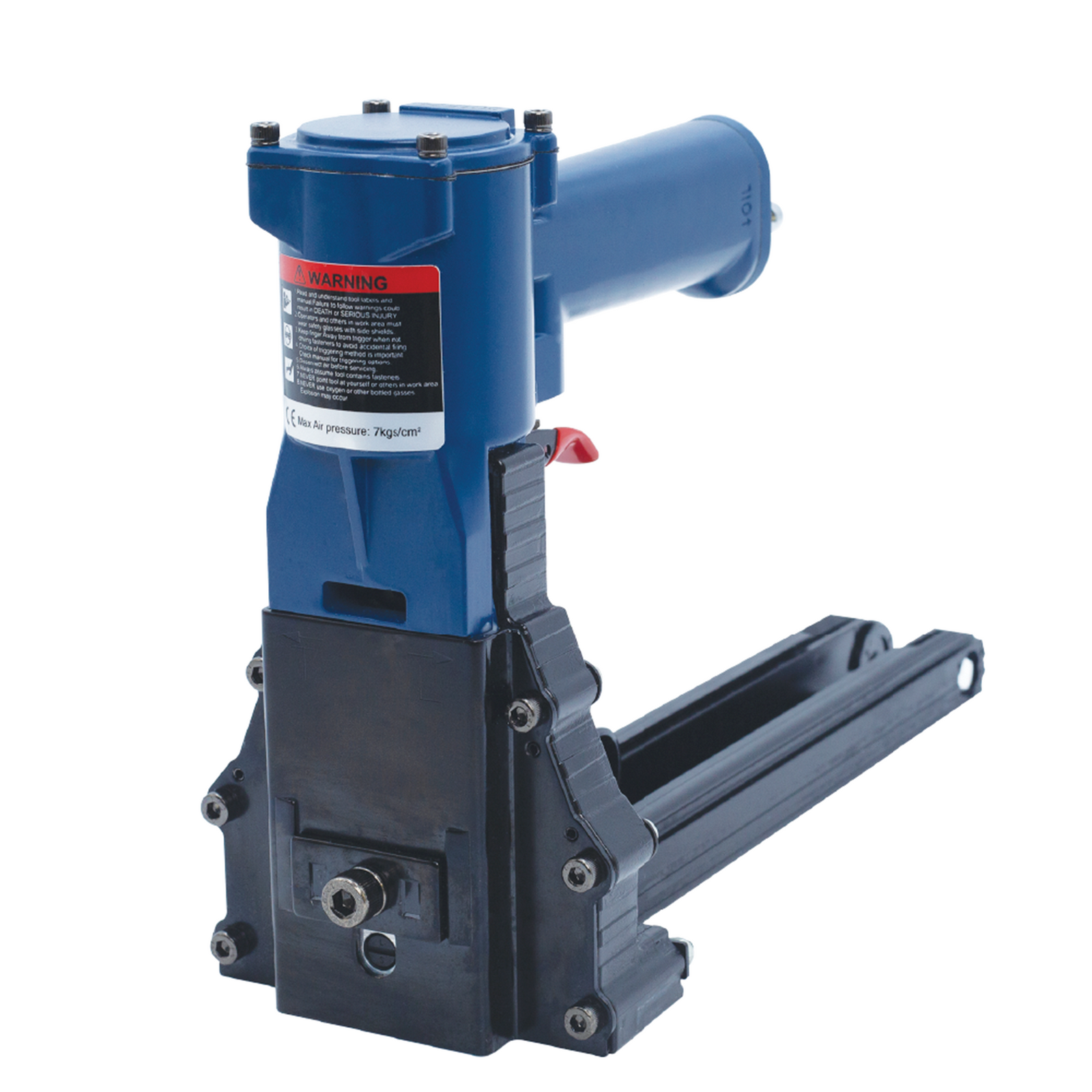 blue and black pneumatic carton stapler gun with red trigger featuring a red/black warning label