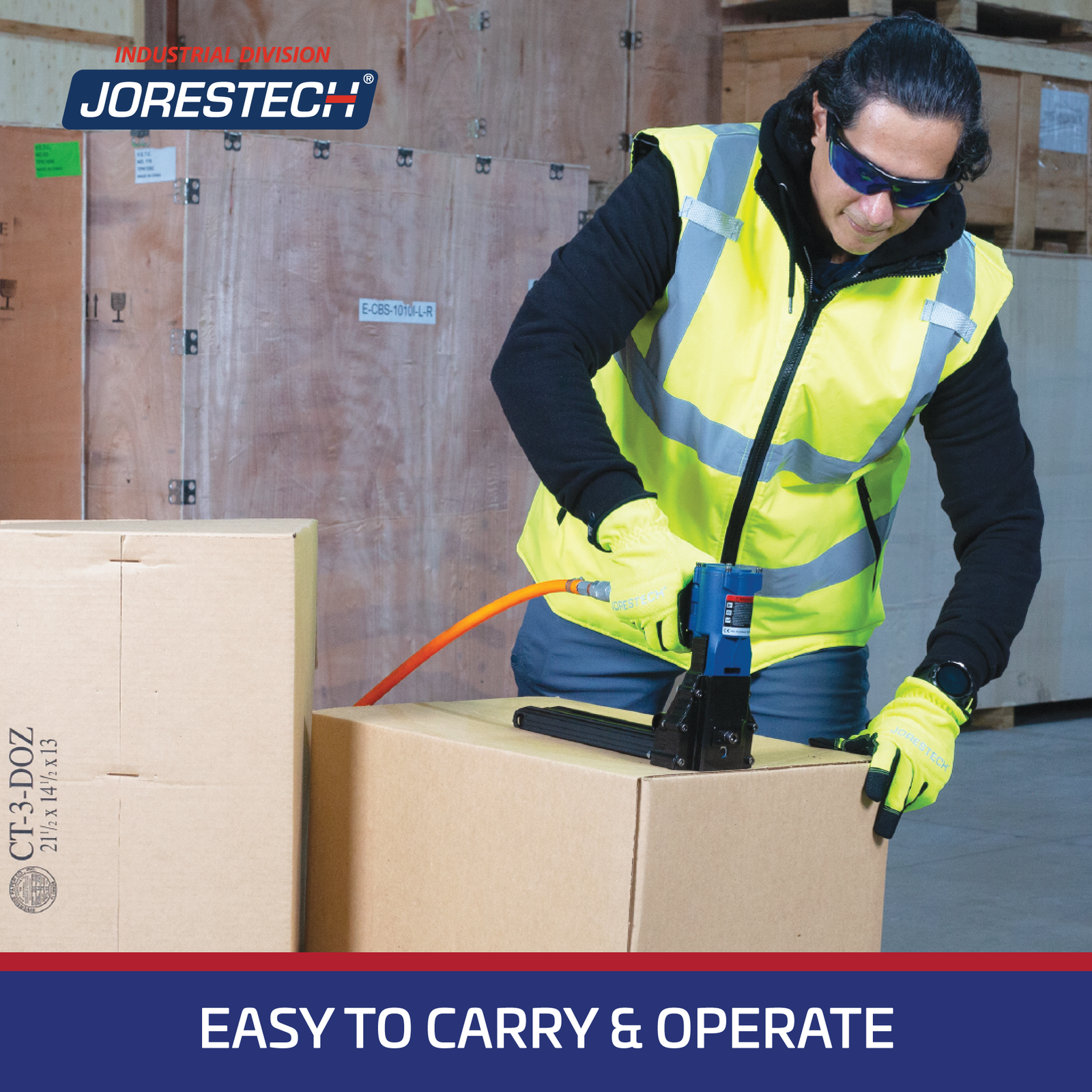 Worker wearing gloves and safety glasses operating a blue/black staple gun in a warehouse to close carton. Features a blue and red banner that reads: easy to carry and use and a JORES TECHNOLOGIES® logo