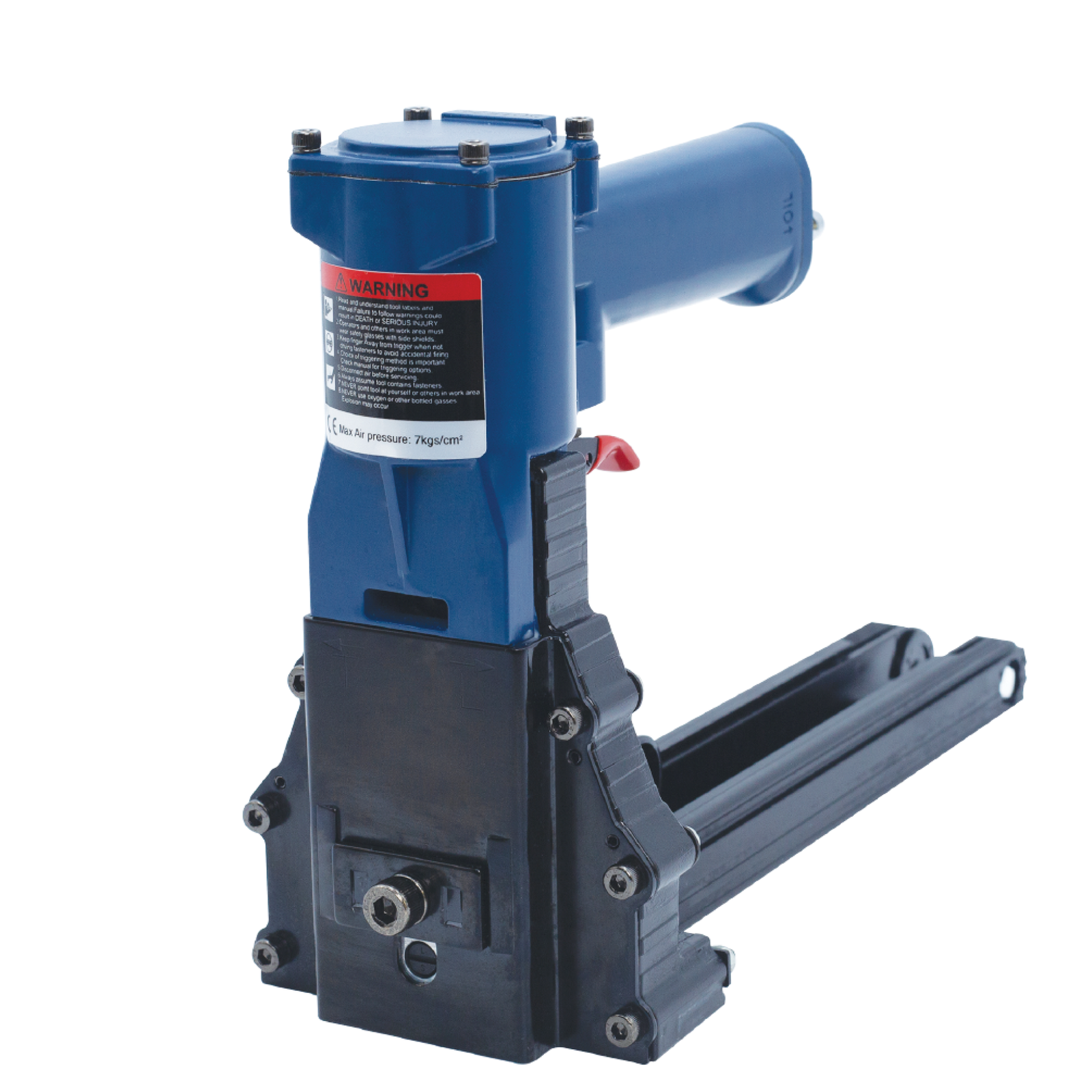 blue and black pneumatic staple gun for carton boxes. Featuring a red/black warning label