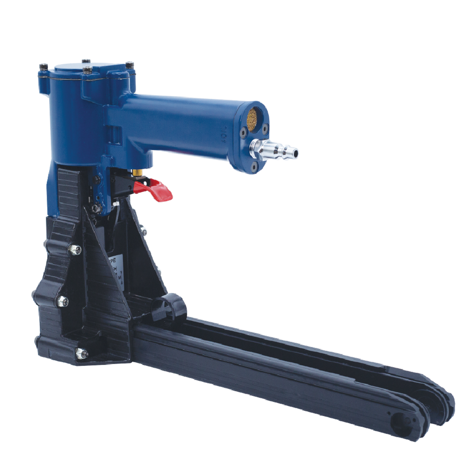 blue and black pneumatic staple gun with red trigger and steel plug