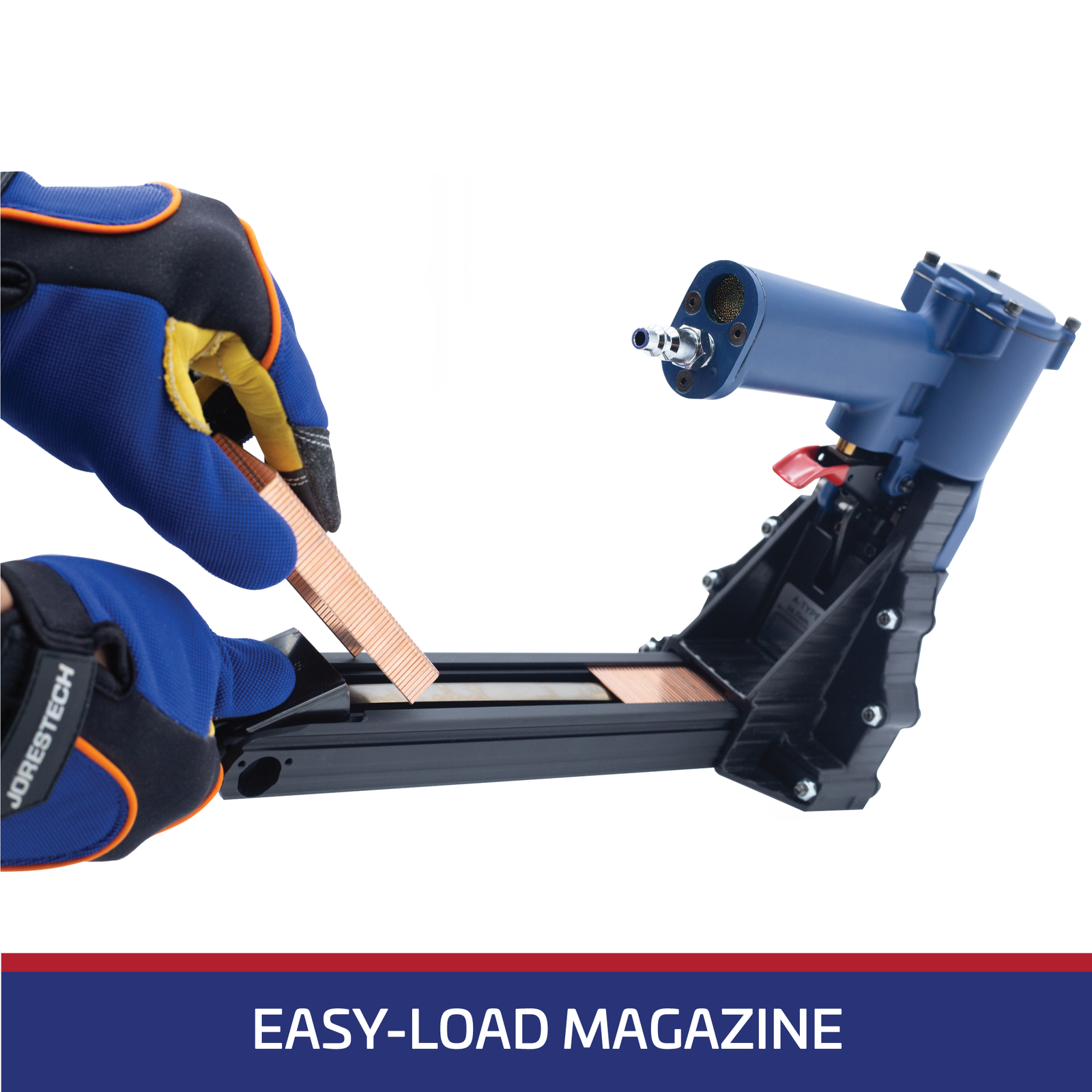 operator wearing blue gloves inserting copper colored staples into blue and black staple gun. Blue and red banner reads: 