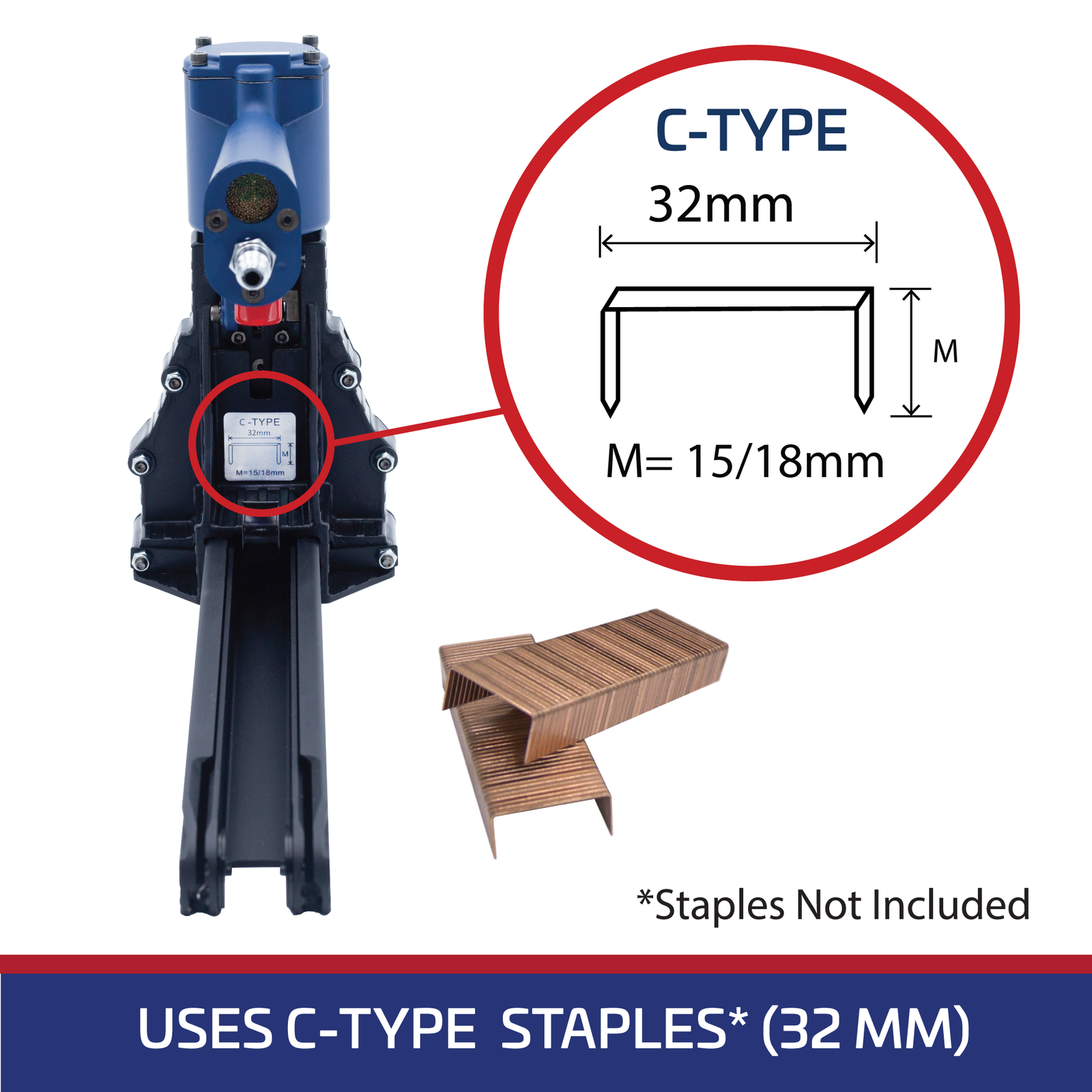 blue and red infographic showing measurements of acceptable staples for a blue and black staple gun which is 32mm