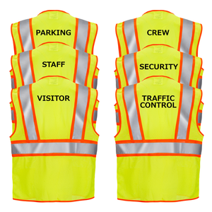 Image of 6 lime and orange JORESTECH safety vests printed over white background. There is a different print in each vest which read: traffic control, security, visitor, parking, staff and crew