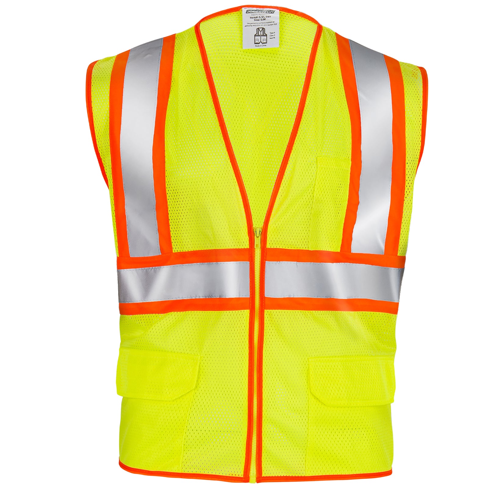 Front view of the JORESTECH printed hi-vis two tone mesh safety vest with 2 inches reflective strips over white background