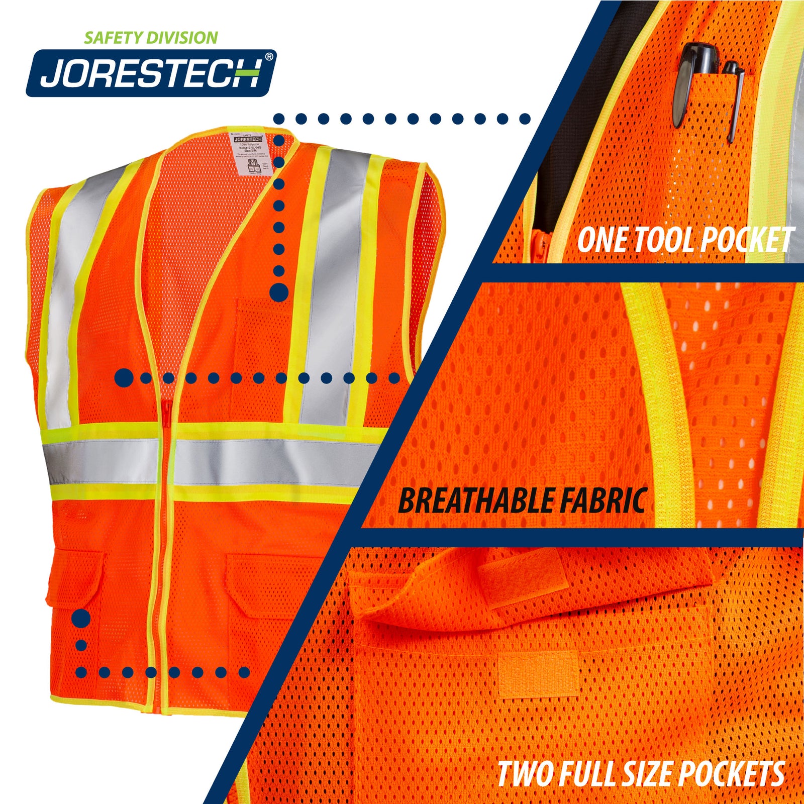 Image of the orange safety vest with 3 call outs one tool pocket, breathable fabric, two full size pockets.