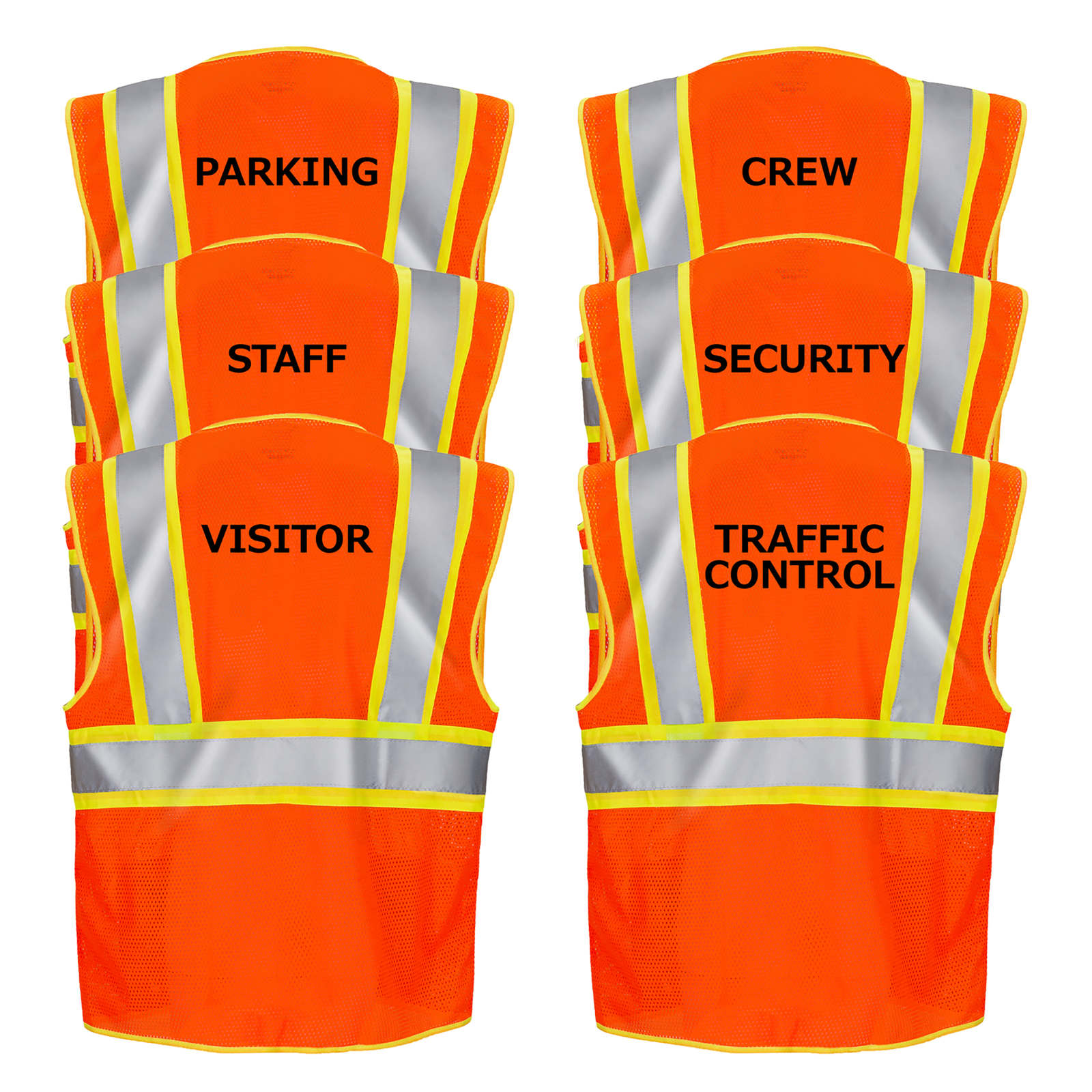 Image of 6 orange and lime JORESTECH safety vests printed over white background. There is a different print in each vest which read: traffic control, security, visitor, parking, staff and crew