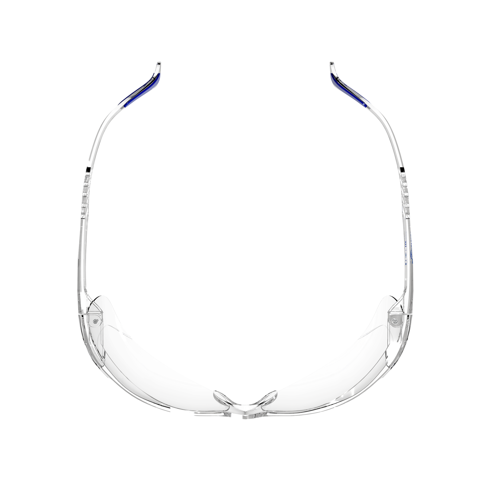 Top view of the clear JORESTECH panoramic safety glass for high impact protection.  Temples of this ANSI compliant glasses have details in blue.