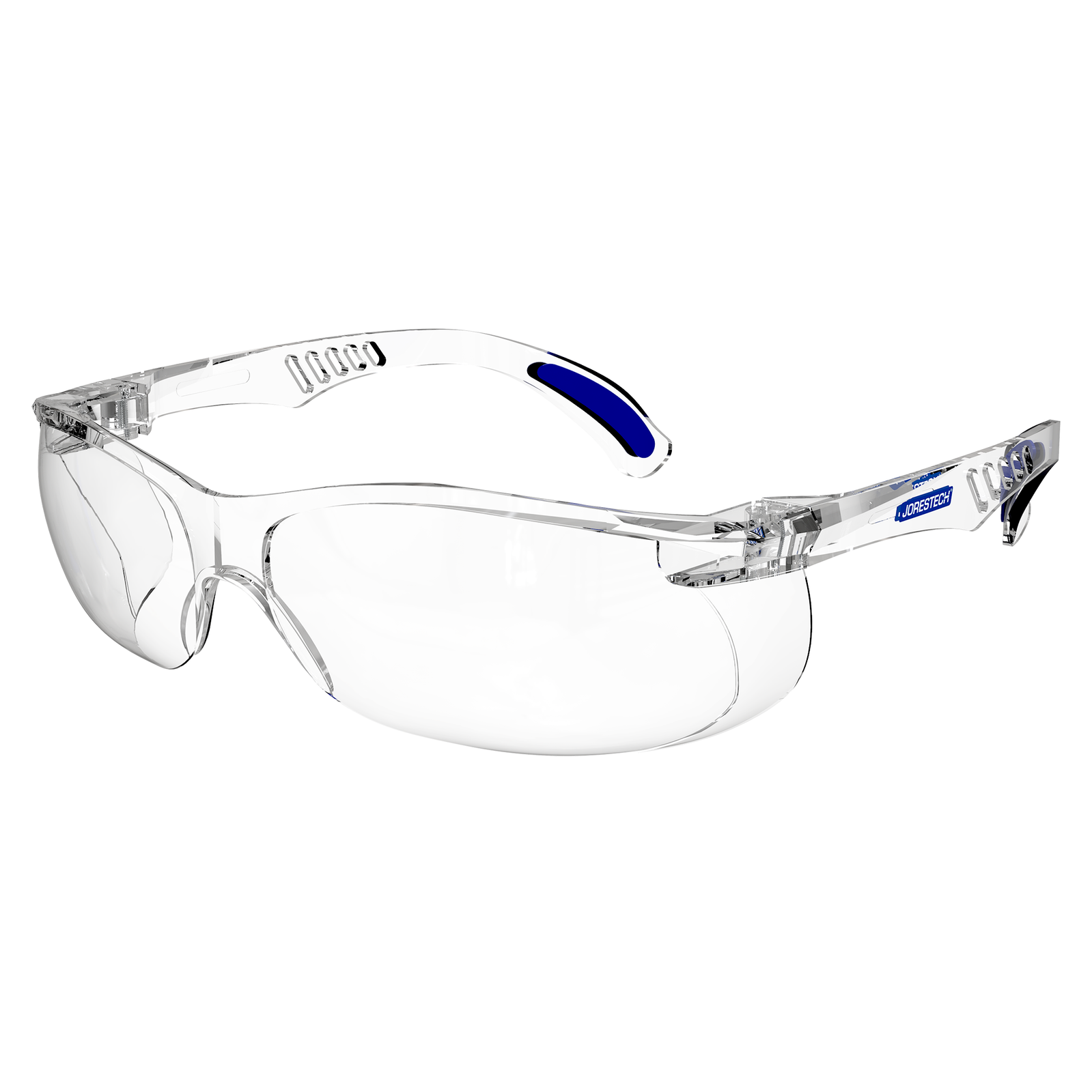 Diagonal view of the clear JORESTECH panoramic safety glass for high impact protection.  Temples of this ANSI compliant glasses have details in blue. 