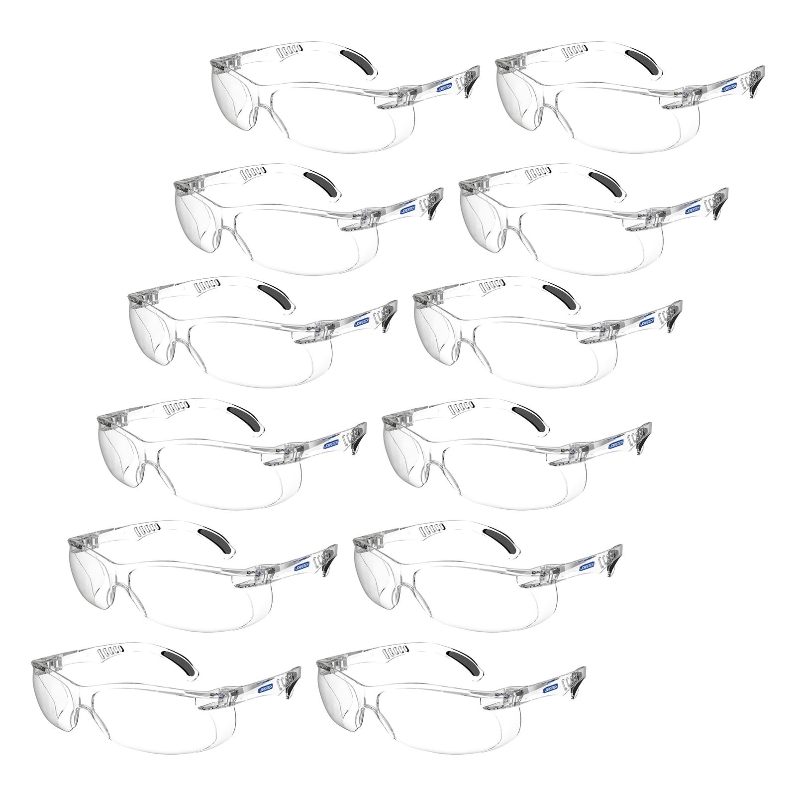 Diagonal view of 12 clear JORESTECH panoramic safety glasses with side shields for high impact protection.  Temples of these ANSI compliant glasses have details in black. 