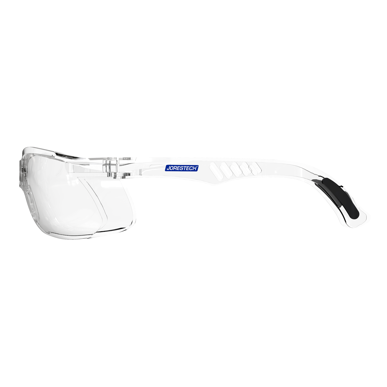 Side view of the clear JORESTECH panoramic safety glass for high impact protection.  Temples of this ANSI compliant glasses have details in black.
