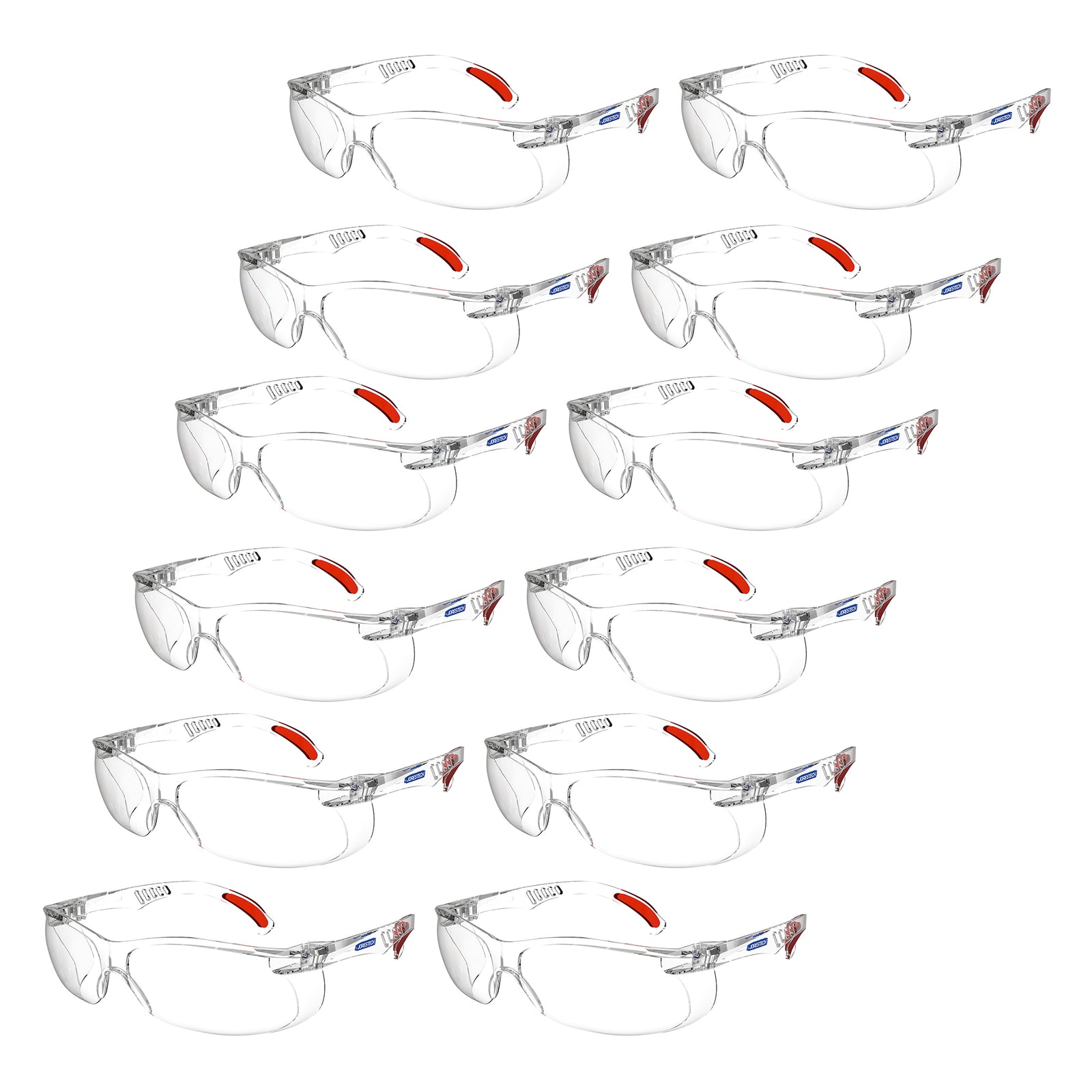 Diagonal view of 12 clear JORESTECH panoramic safety glass for high impact protection.  Temples of these ANSI compliant glasses have details in red.
