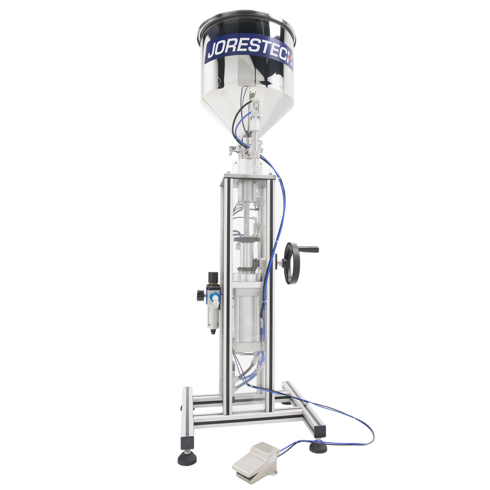The Jorestech stainless steel Pneumatic High Viscosity Piston Filler with high capacity hopper and foot pedal