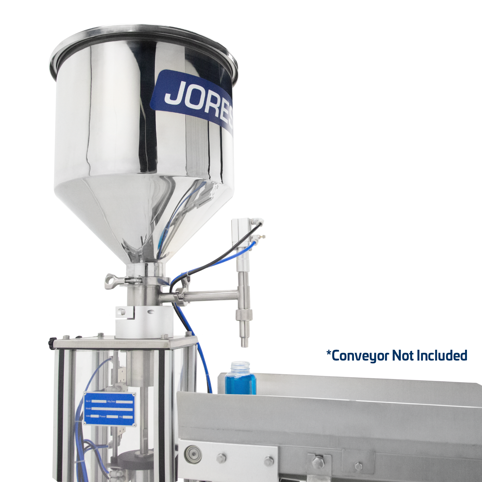 Closeup shows the high capacity hopper with lid and non-drip nozzle of the vertical piston filler next to a conveyor that has a clear bottle and has been filled with blue high viscosity gel by the piston filler