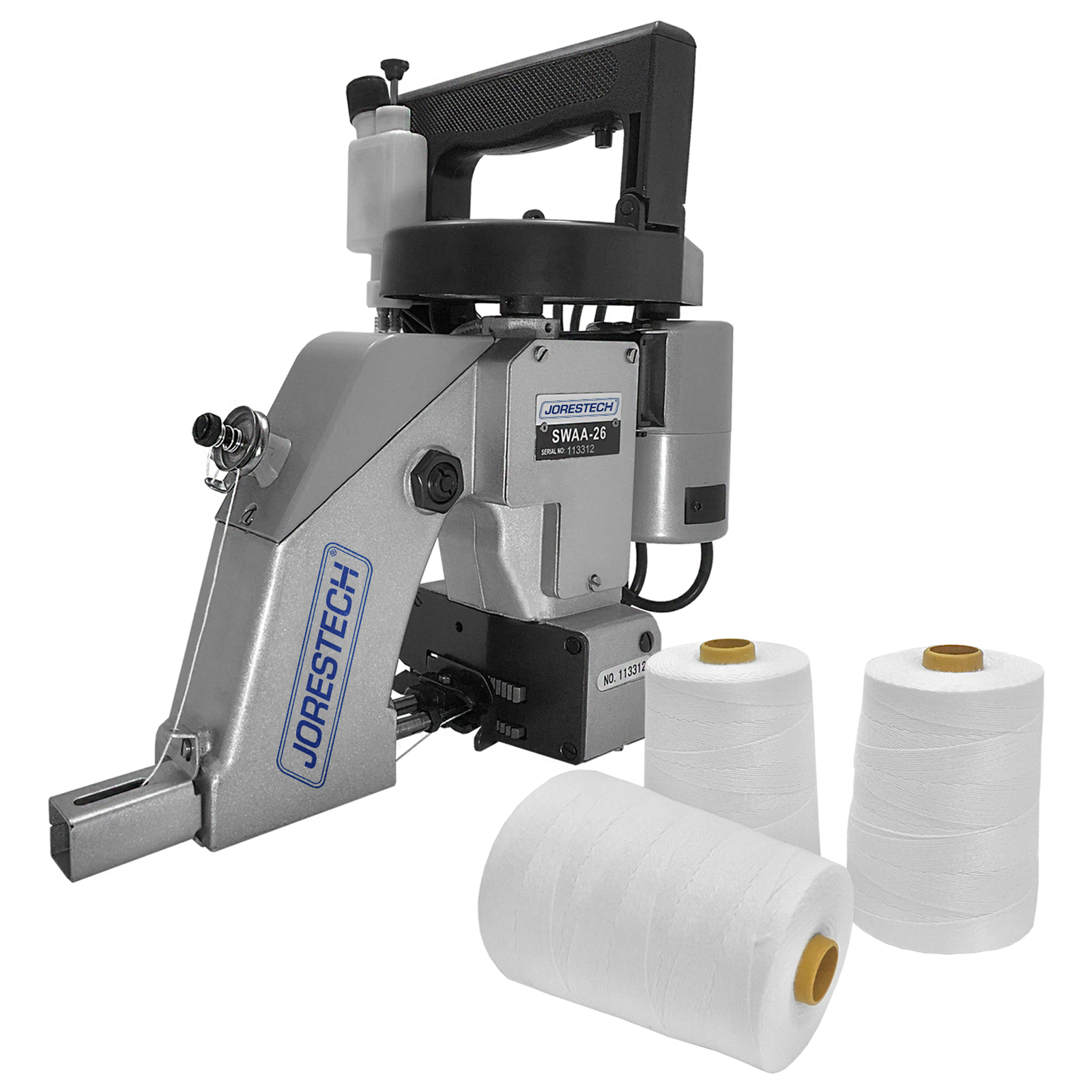 Portable steel electric bag sewing machine with black handle and blue JORES TECHNOLOGIES® outline logo shown next to 3 thread rolls
