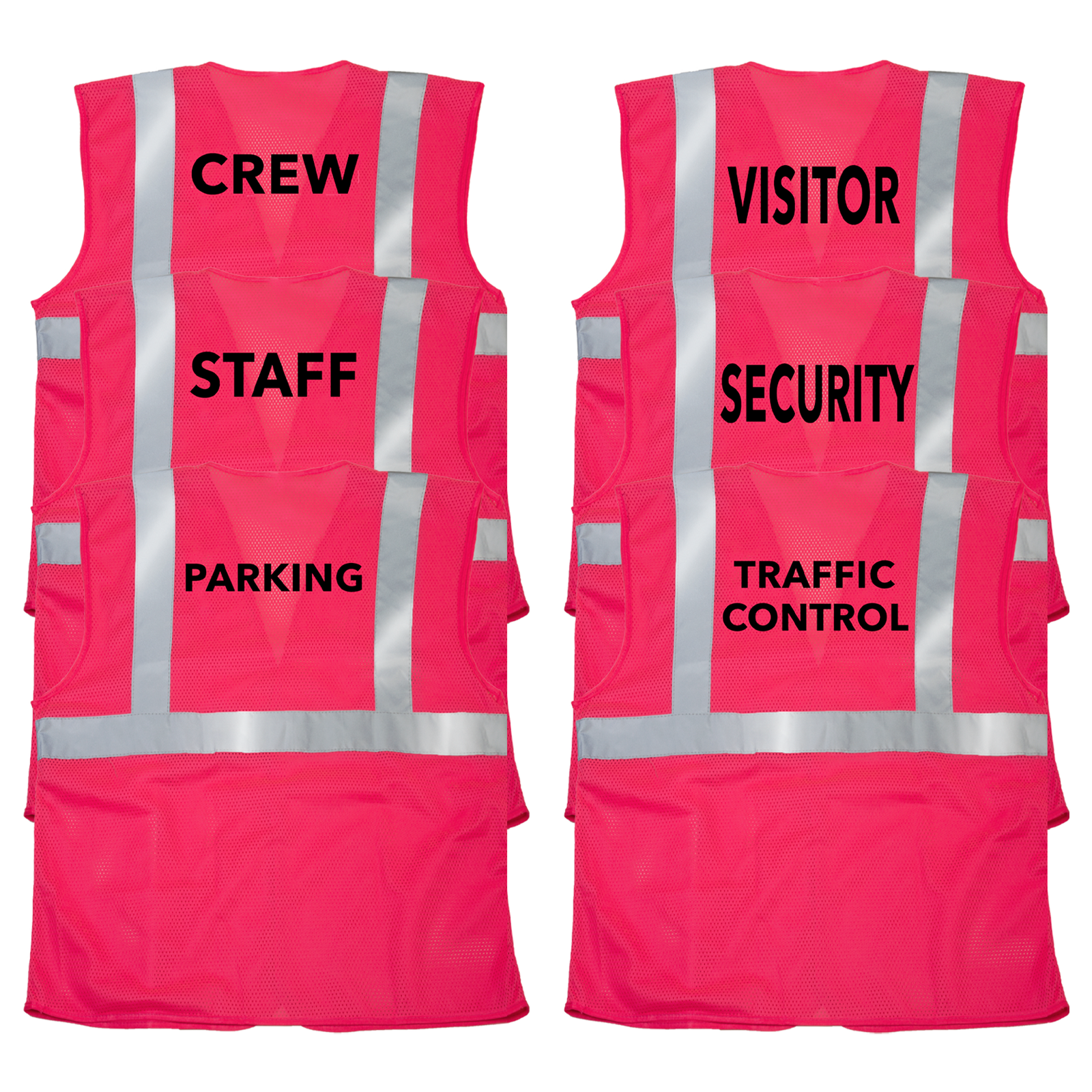 Features 6 pink JORESTECH safety vests printed. Prints on customizable vests read: traffic control, security, visitor, parking, staff and crew