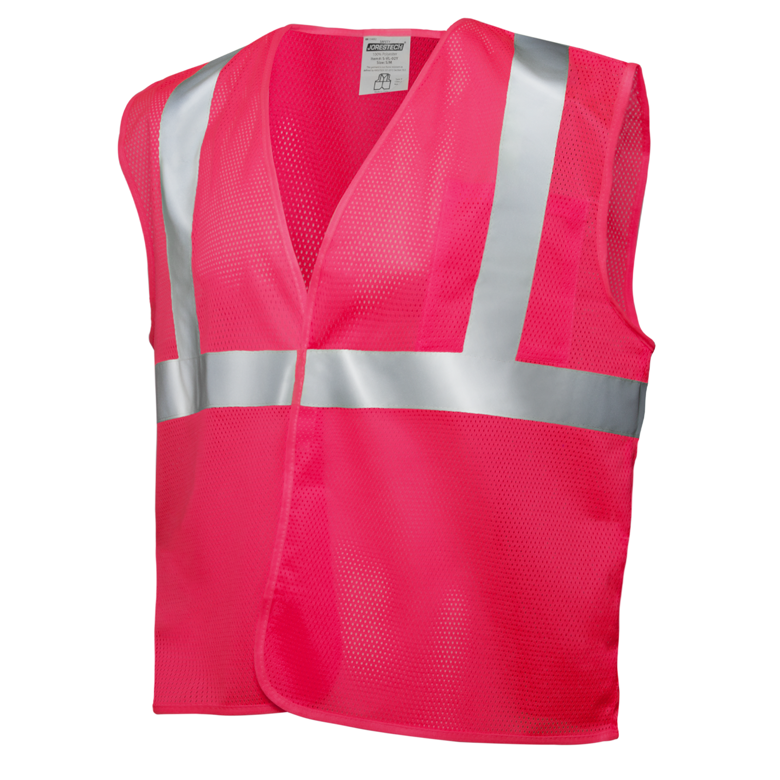 Diagonal view of the pink JORESTECH printed hi-vis mesh safety vest with 2 inches reflective strips.