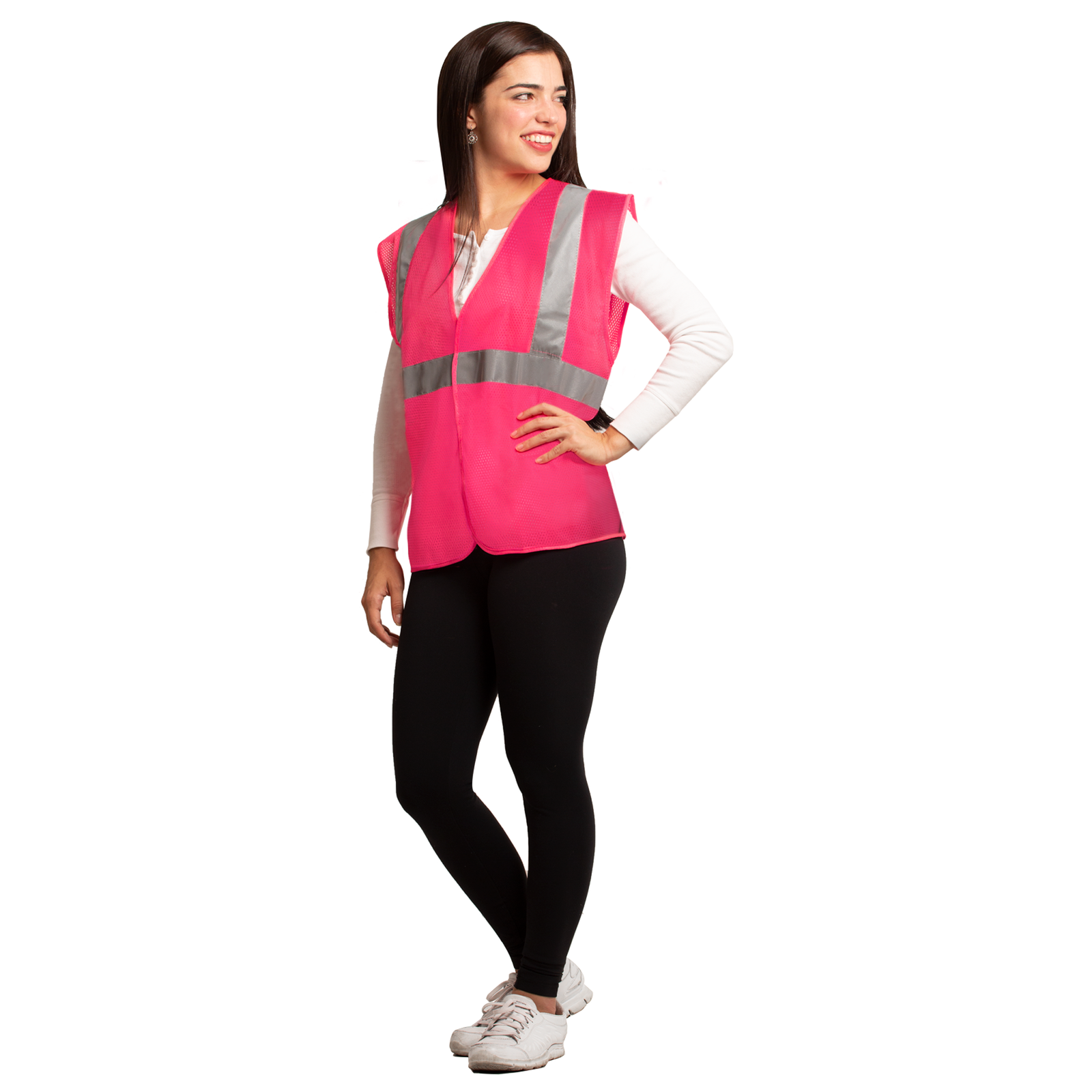 A woman wearing black pants and a pink printed hi-vis mesh safety vest with 2 inches reflective strips and pocket