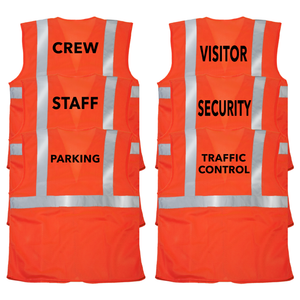 Features 6 orange safety vests printed. Prints on vests read: traffic control, security, visitor, parking, staff and crew.
