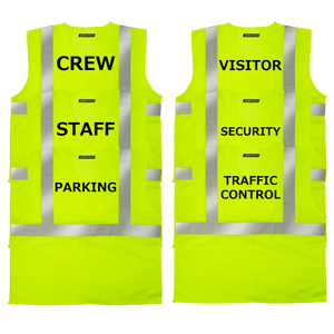 features 6 lime yellow JORESTECH safety vests printed with text and logo Prints read: traffic control, security, visitor, parking, staff and crew