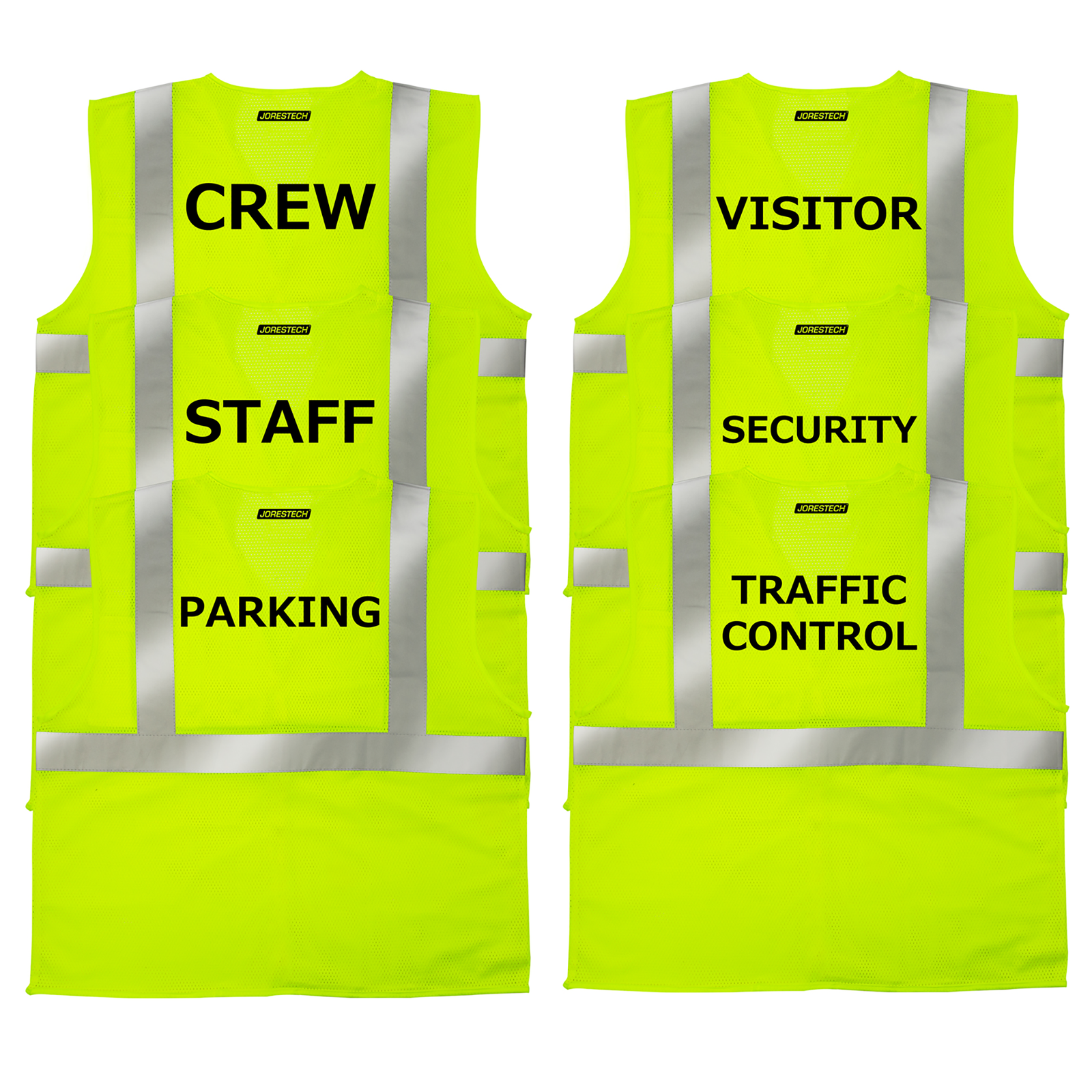 features 6 lime yellow JORESTECH safety vests printed with text and logo Prints read: traffic control, security, visitor, parking, staff and crew