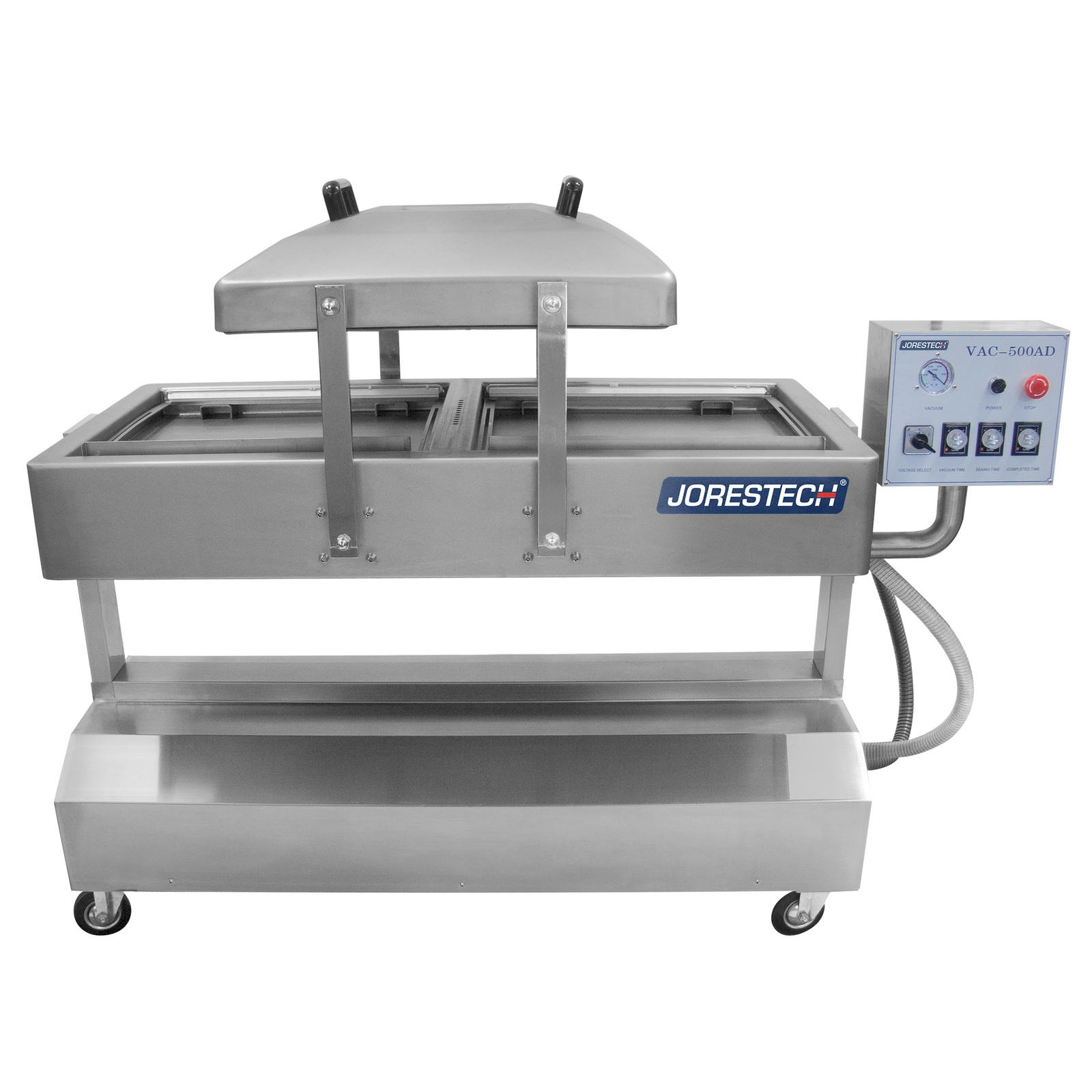 Stainless steel reclinable commercial doble chamber vacuum sealer with 20 inches seal bar. The lid of the vacuum sealer is open so both chambers are visible
