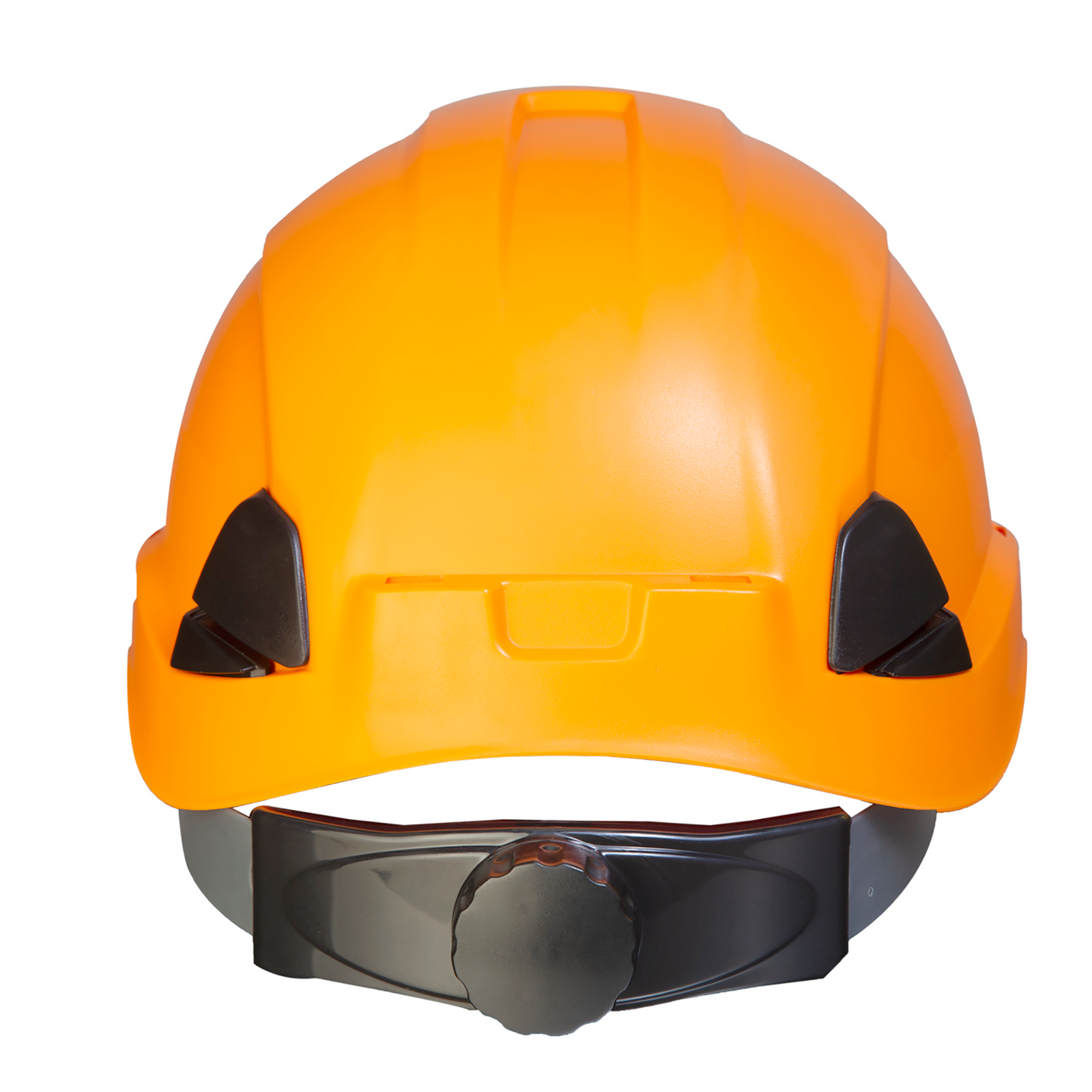 orange hard hat with chin strap and clamps for head lamp