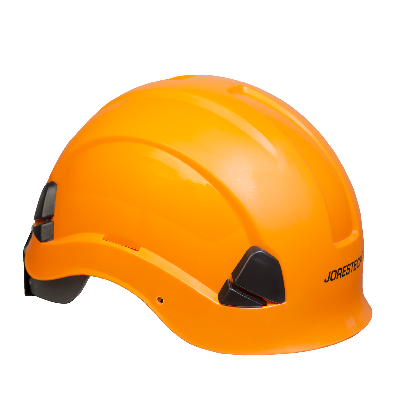 Orange JORESTECH® rescue hard hat with adjustable 6 point suspension . Also features holes to place face and eye shield, slots for earmuffs and clamps for head lights