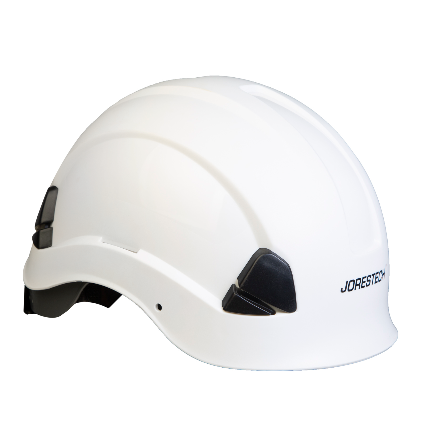A white JORESTECH® rescue hard hat with adjustable 6 point suspension, holes to place face and eye shield,  black clamps to place head lamps and chin strap