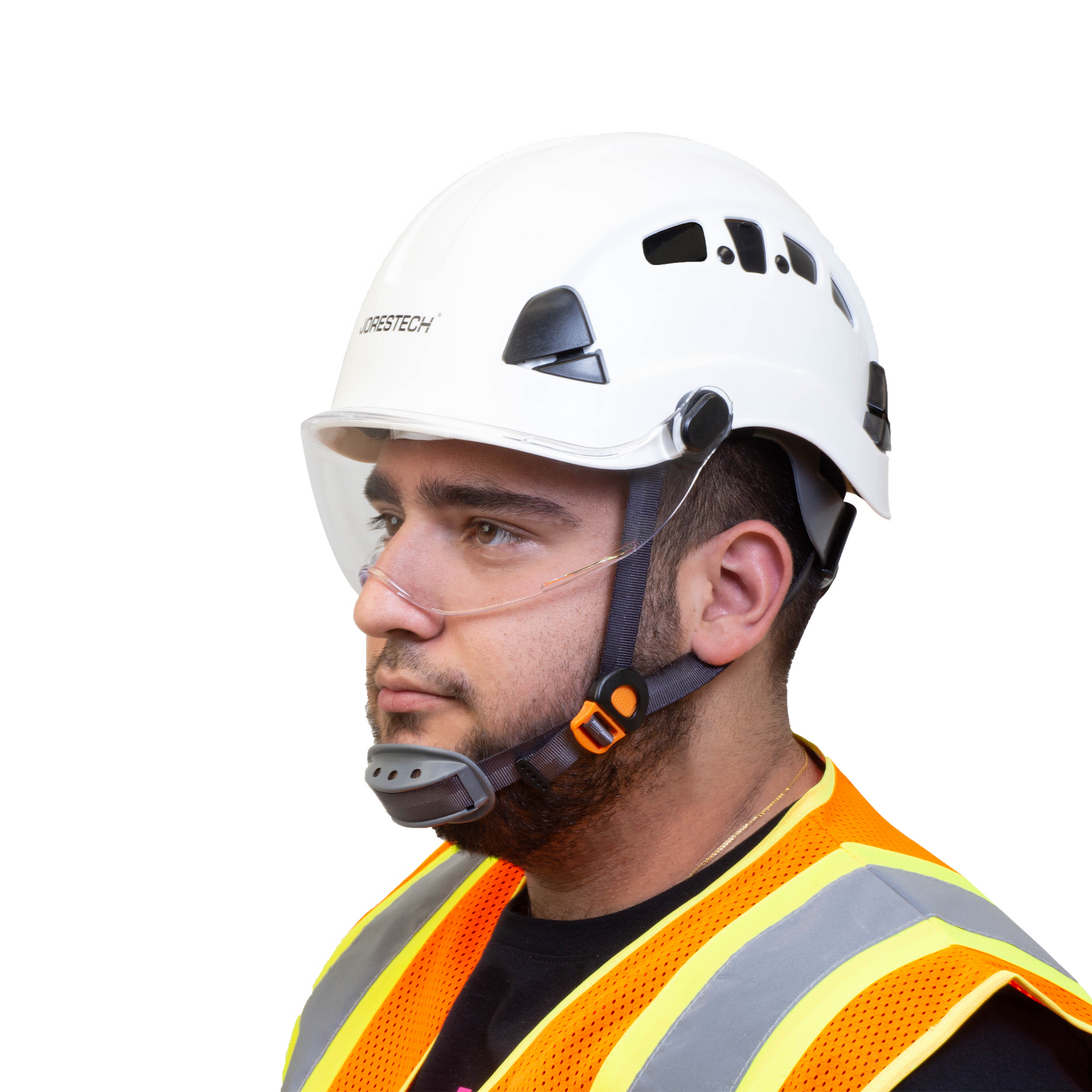 Worker wearing a white hard hat with a chin strap and the JORESTECH eye shield for eye protection installed. The eye shield is in front of the persons face to protect his eyes from impacts