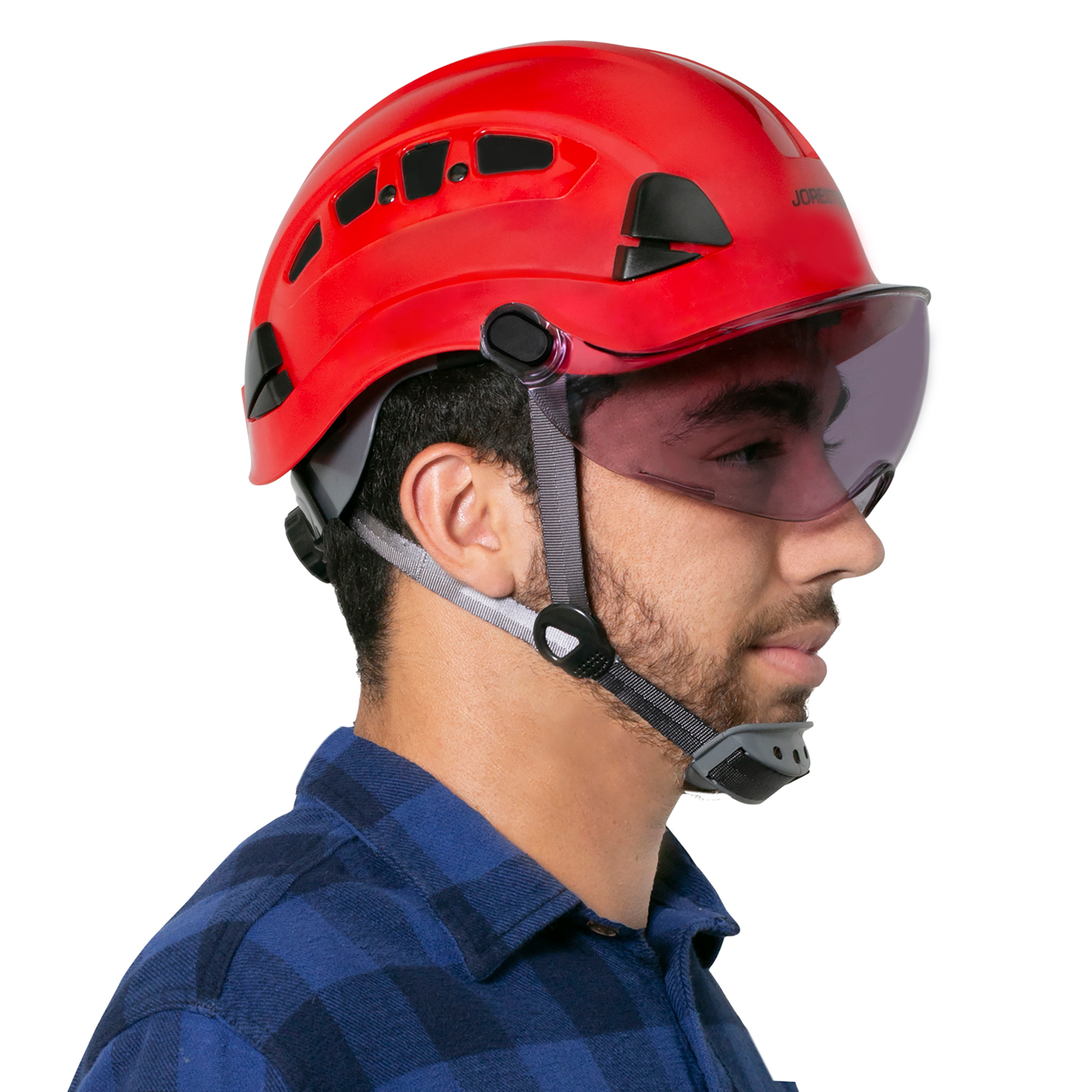 Side view of a man wearing a red hard hat with a JORESTECH® smoke eye shield installed