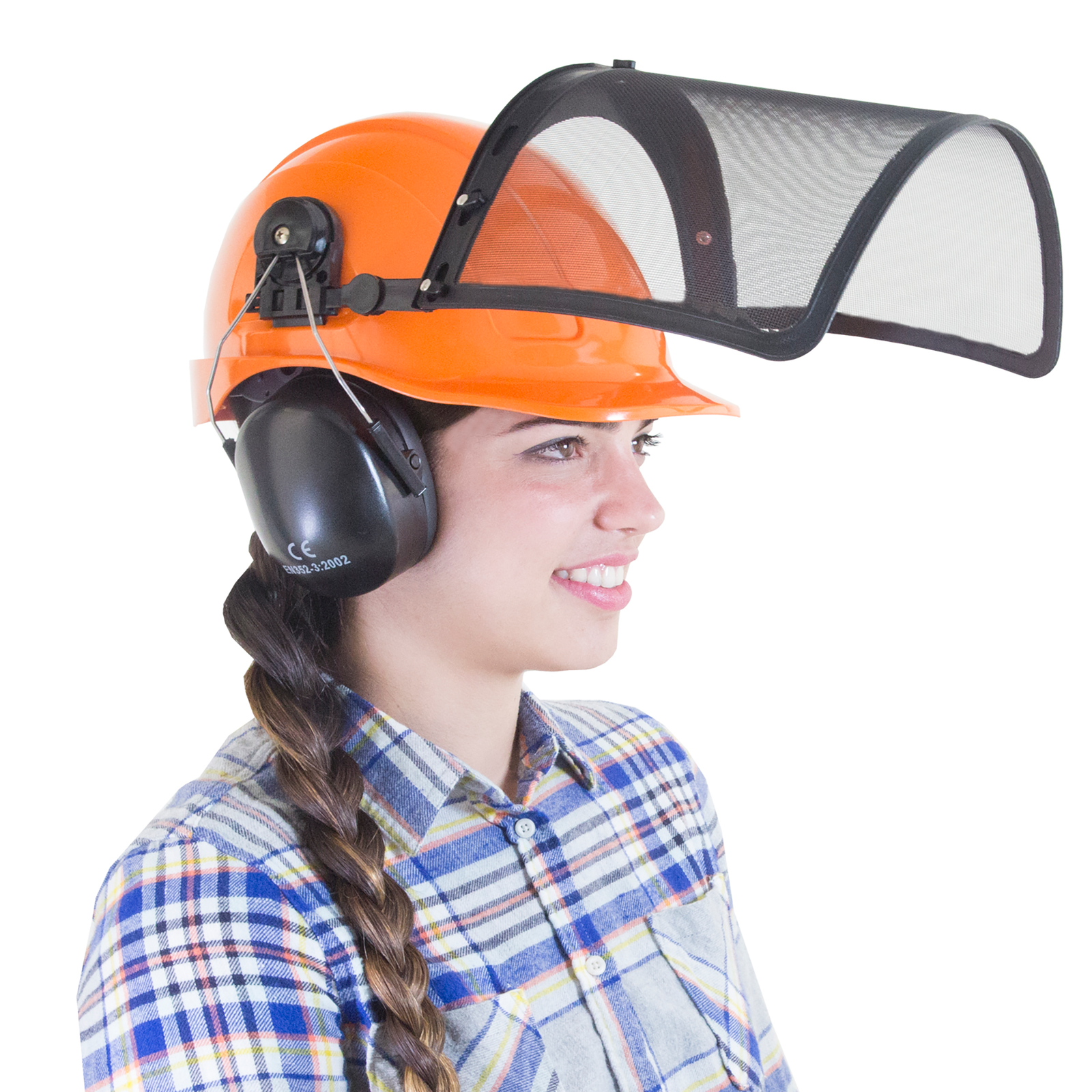 a woman wearing an orange cap style safety hard hat with black ear muffs and a face mesh shield pushed upwards away from her face