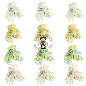 12 pairs of JORESTECH garden gloves with nitrile dipped palms. all pairs have motives of flowers in white, green, yellow, and blue
