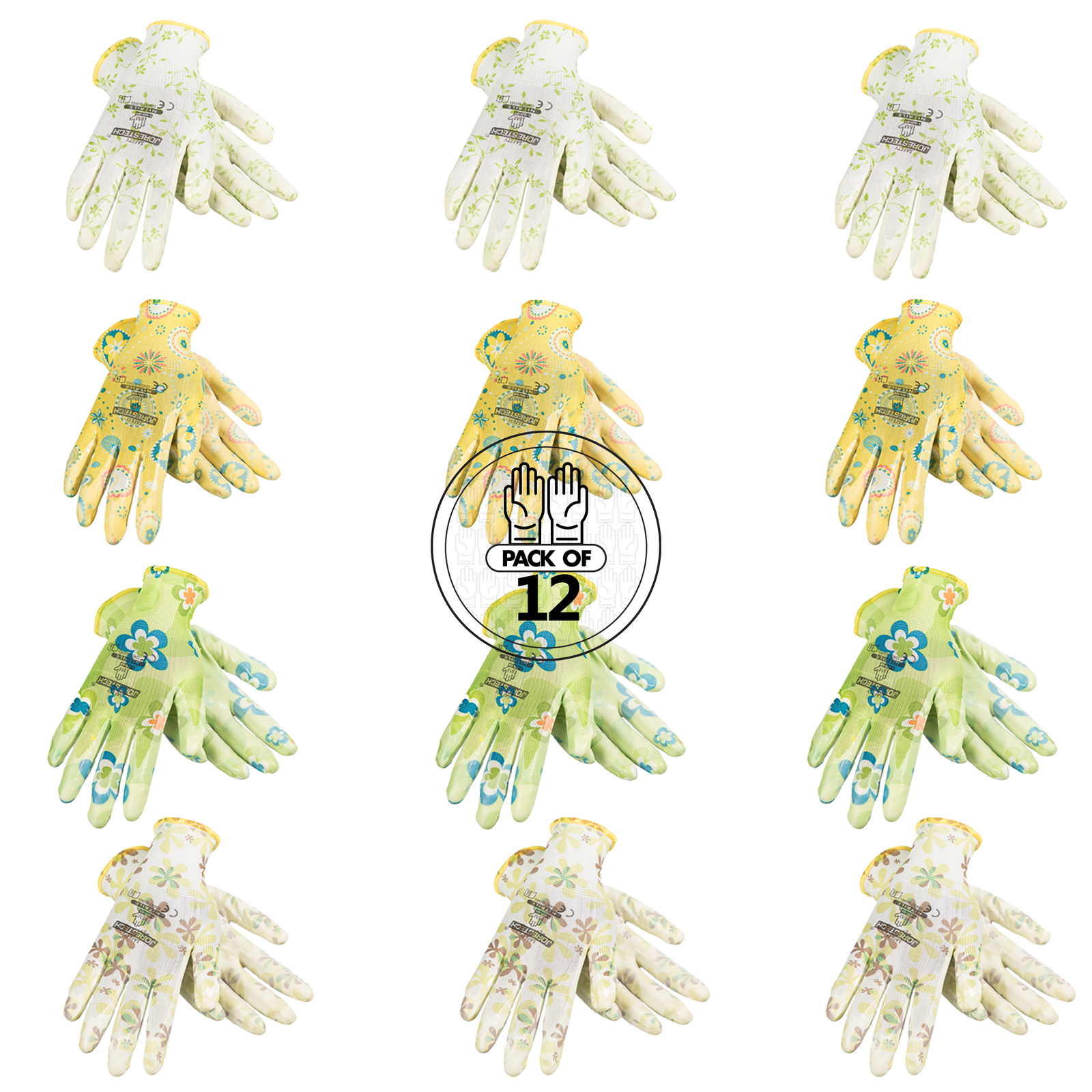 pack of gardening gloves JORESTECH Safety Multi-Purpose Palm Dipped Work/Gardening Gloves, Nitrile Coated, Gd-08 (L, 12 Units)