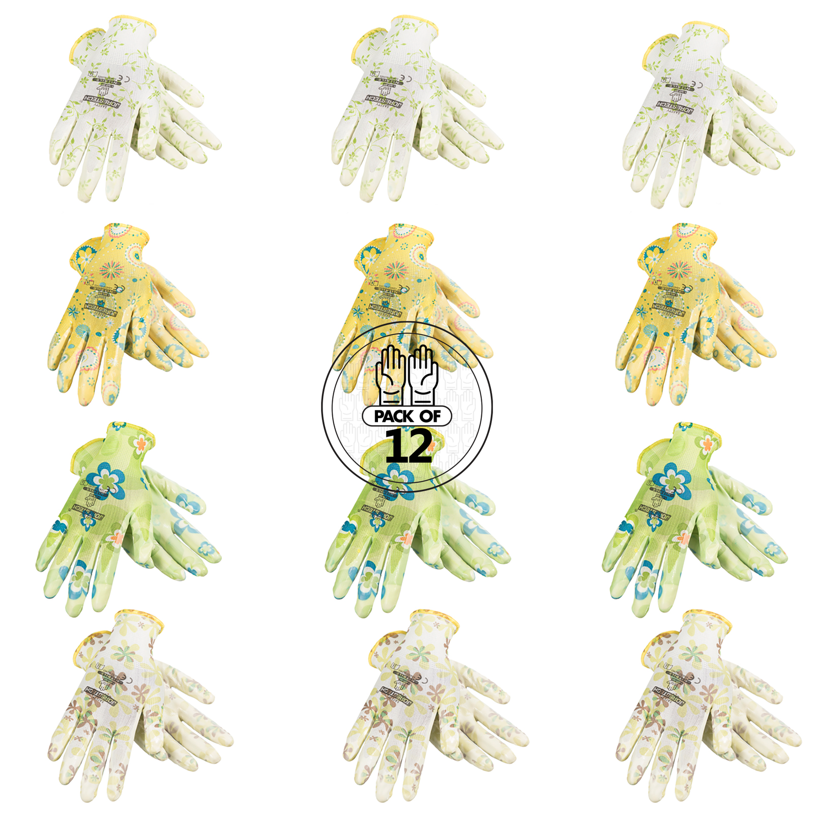 12 pairs of JORESTECH garden gloves with nitrile dipped palms. all pairs have motives of flowers in white, green, yellow, and blue