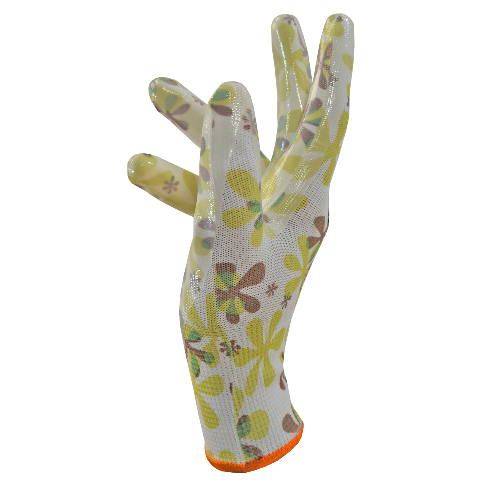 Light glove for women for gardening and landscaping printed with flowers and coated with nitrile dipped