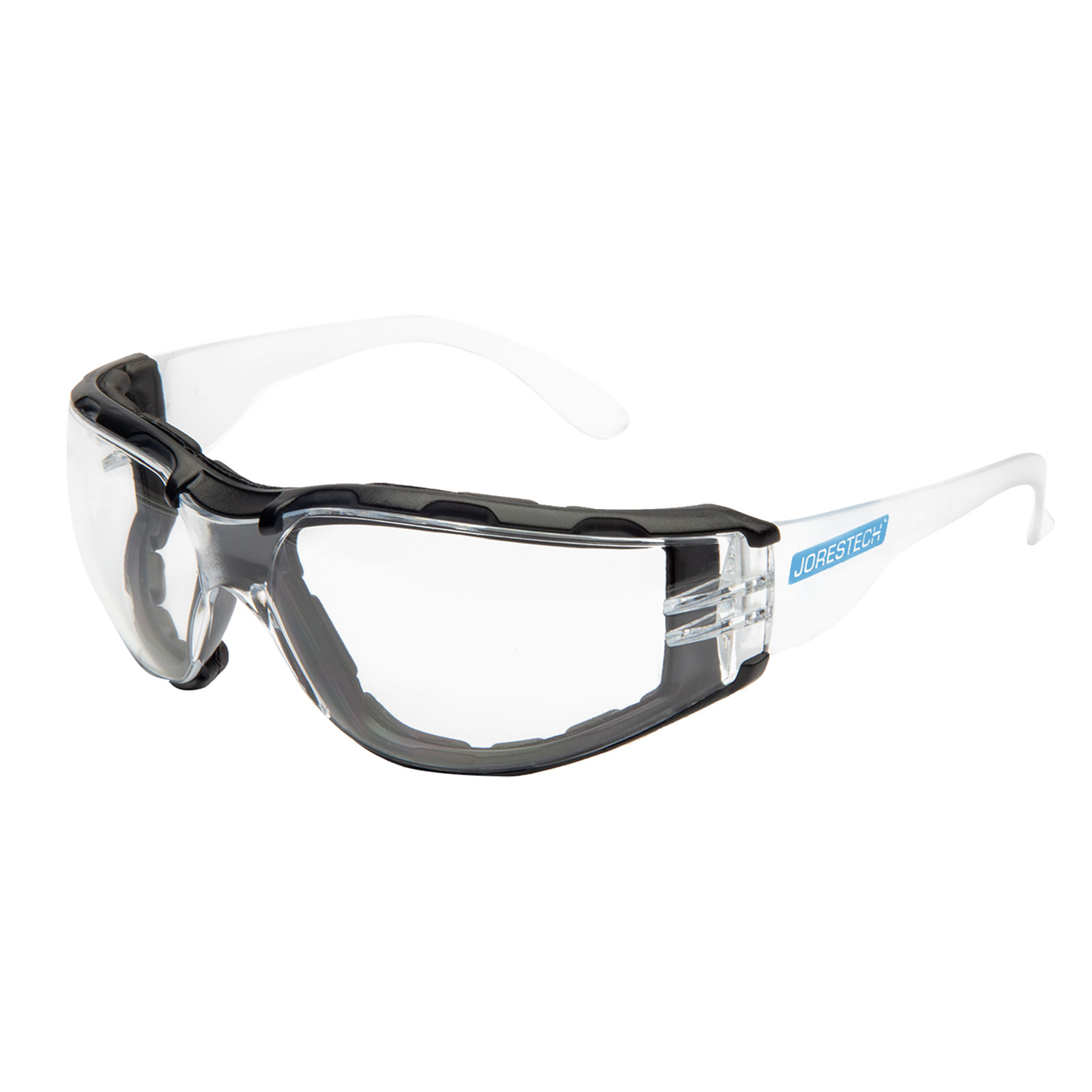 Diagonal view of the JORESTECH clear safety glasses for high impact protection with a black foam gasket