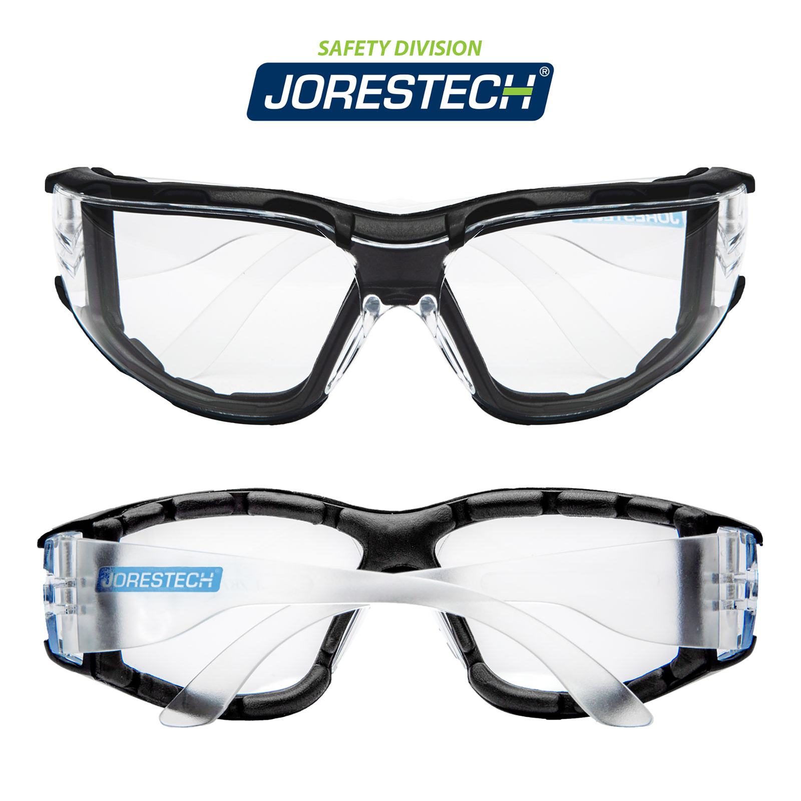 Front and a back view of the JORESTECH clear safety glasses for high impact protection with a black foam gasket. Both images of the glasses have the temples folded