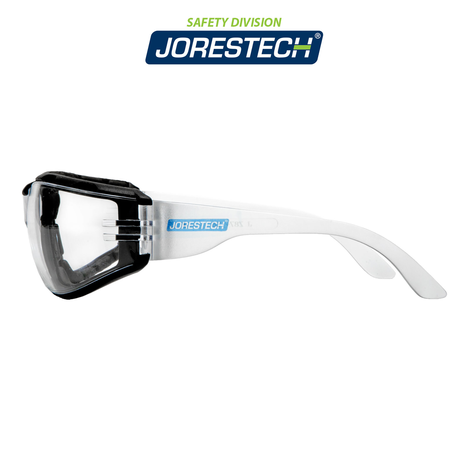 Side view of the JORESTECH ANSI Z87+ complaint clear safety glasses for high impact protection with a black foam gasket, over white background. .