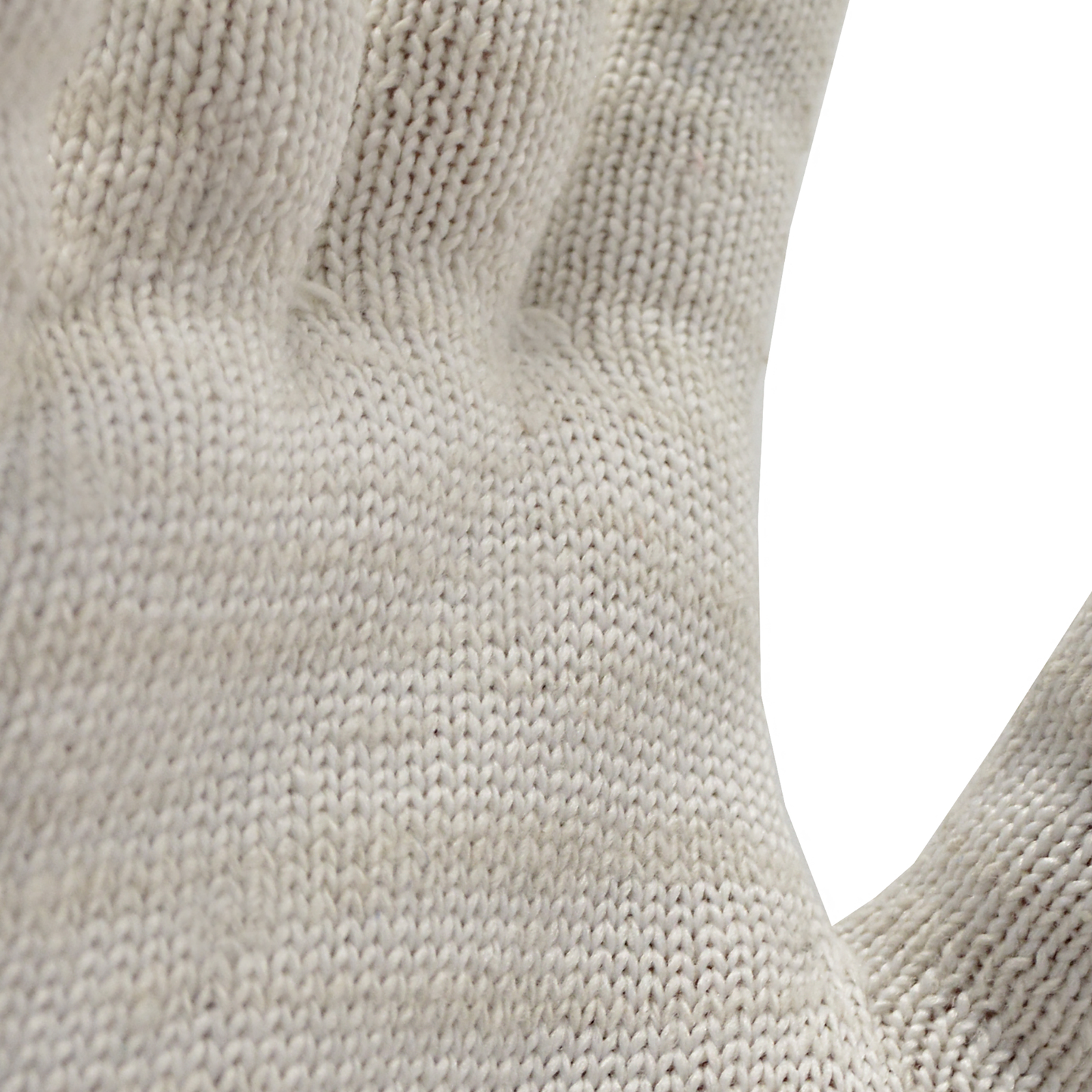 Close up of the fabric of the white knitted glove