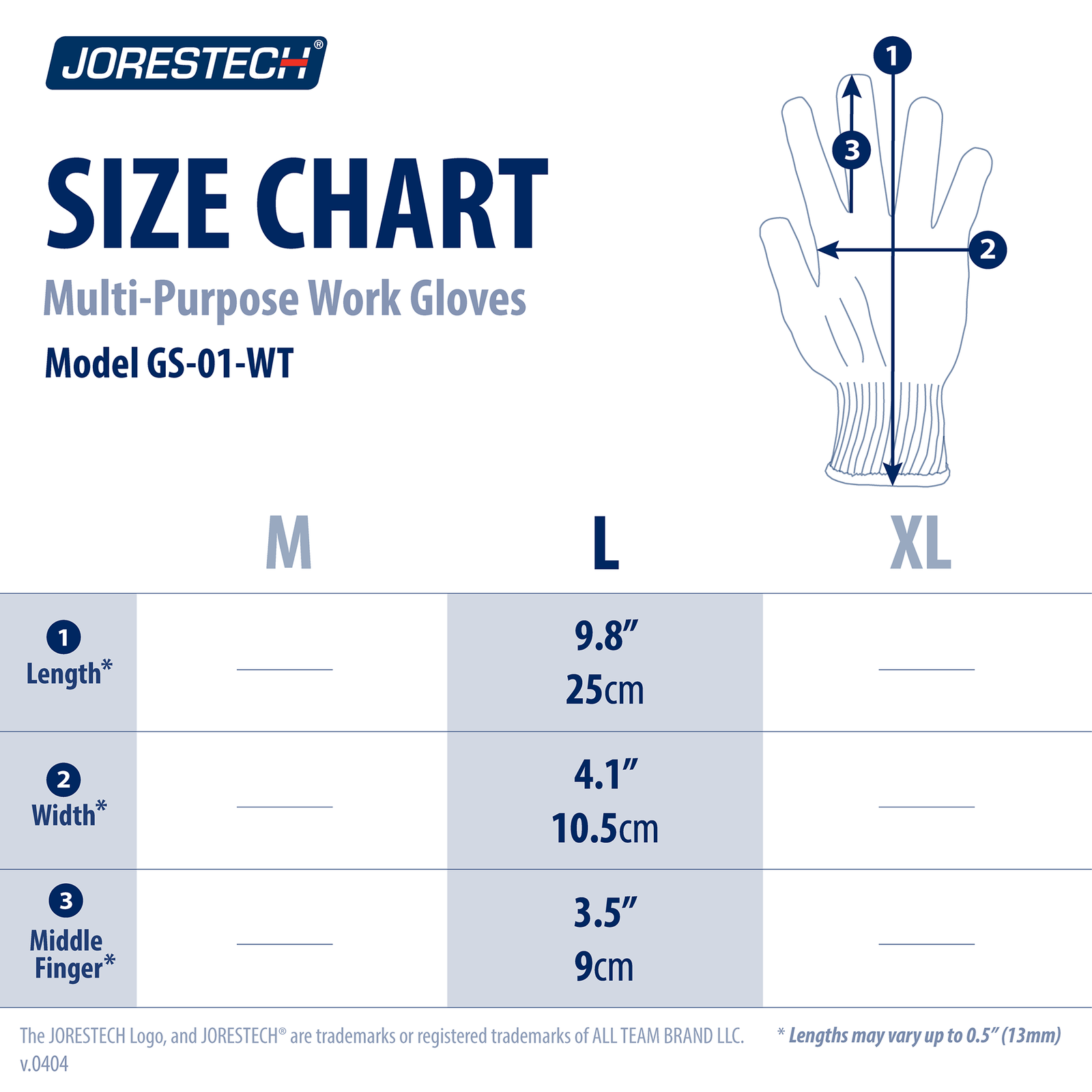 Size chart of the knitted cotton multipurpose glove in bulk