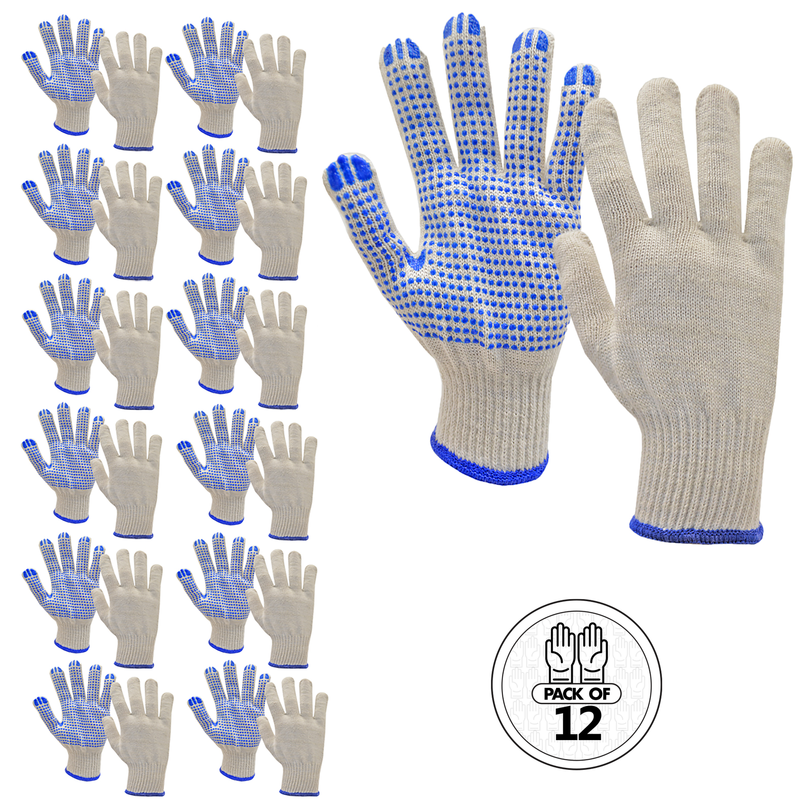 12 pairs of JORESTECH safety knitted multipurpose white gloves with blue PVC dotes on the palm 