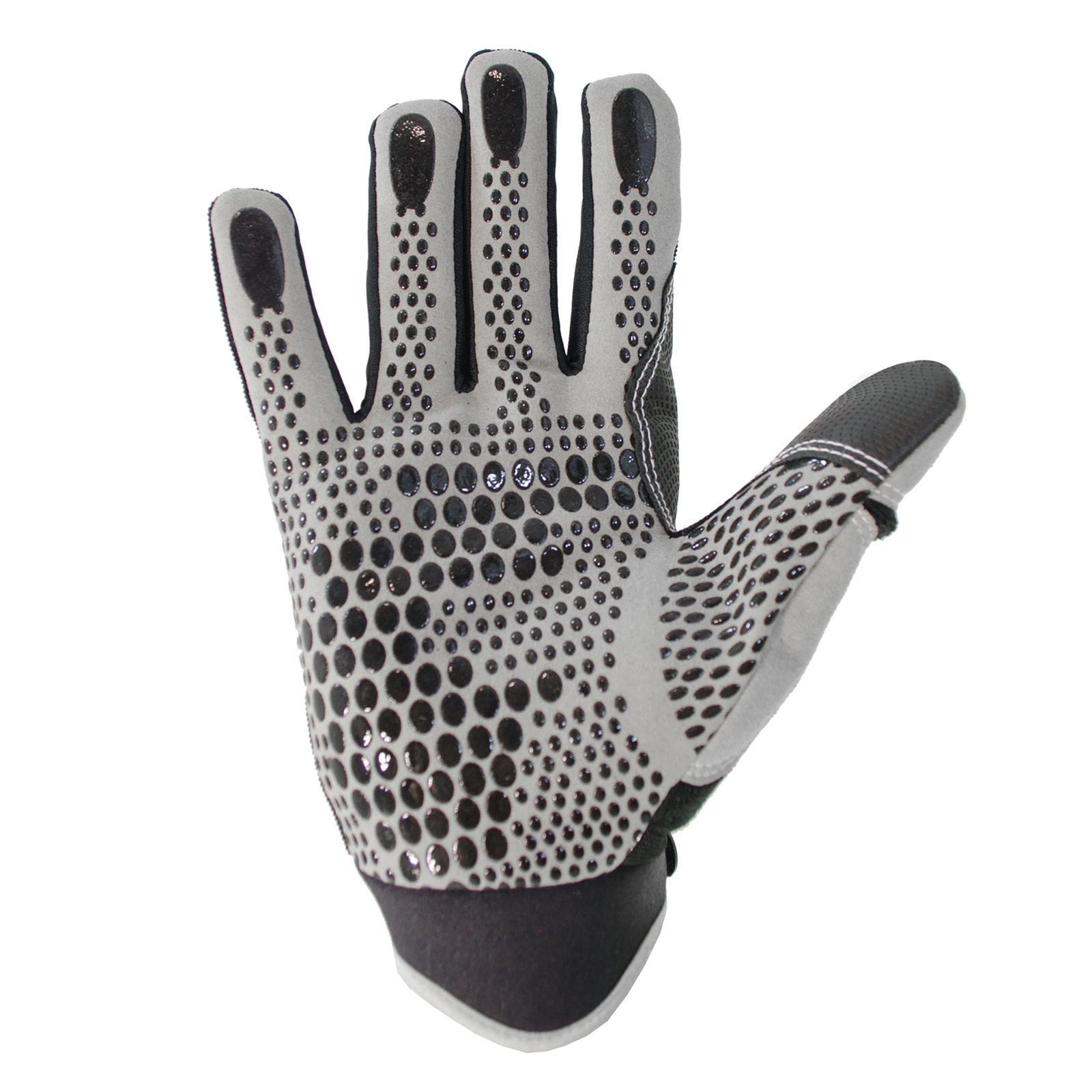 Palm view of the black JORESTECH safety work glove with anti slip silicone black dotted palms 