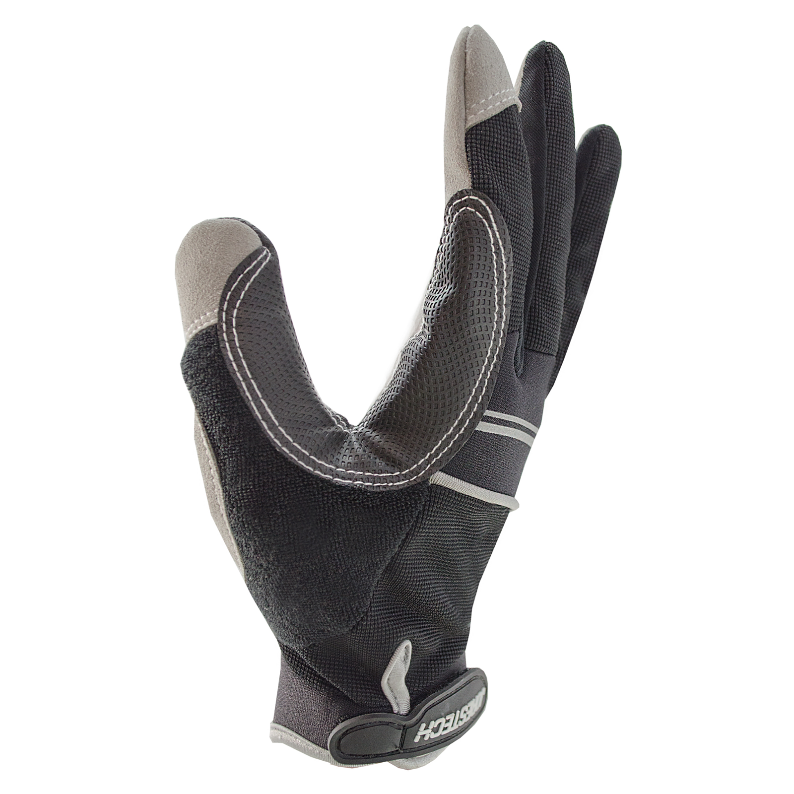 Side view of 1 black JORESTECH safety work glove with anti slip silicone black dotted palms