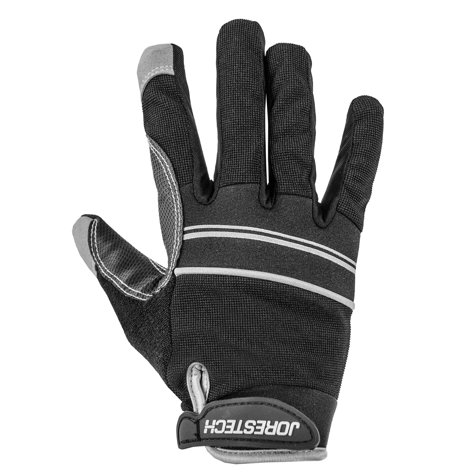 Front view of the black JORESTECH safety work glove with anti slip silicone black dotted palms