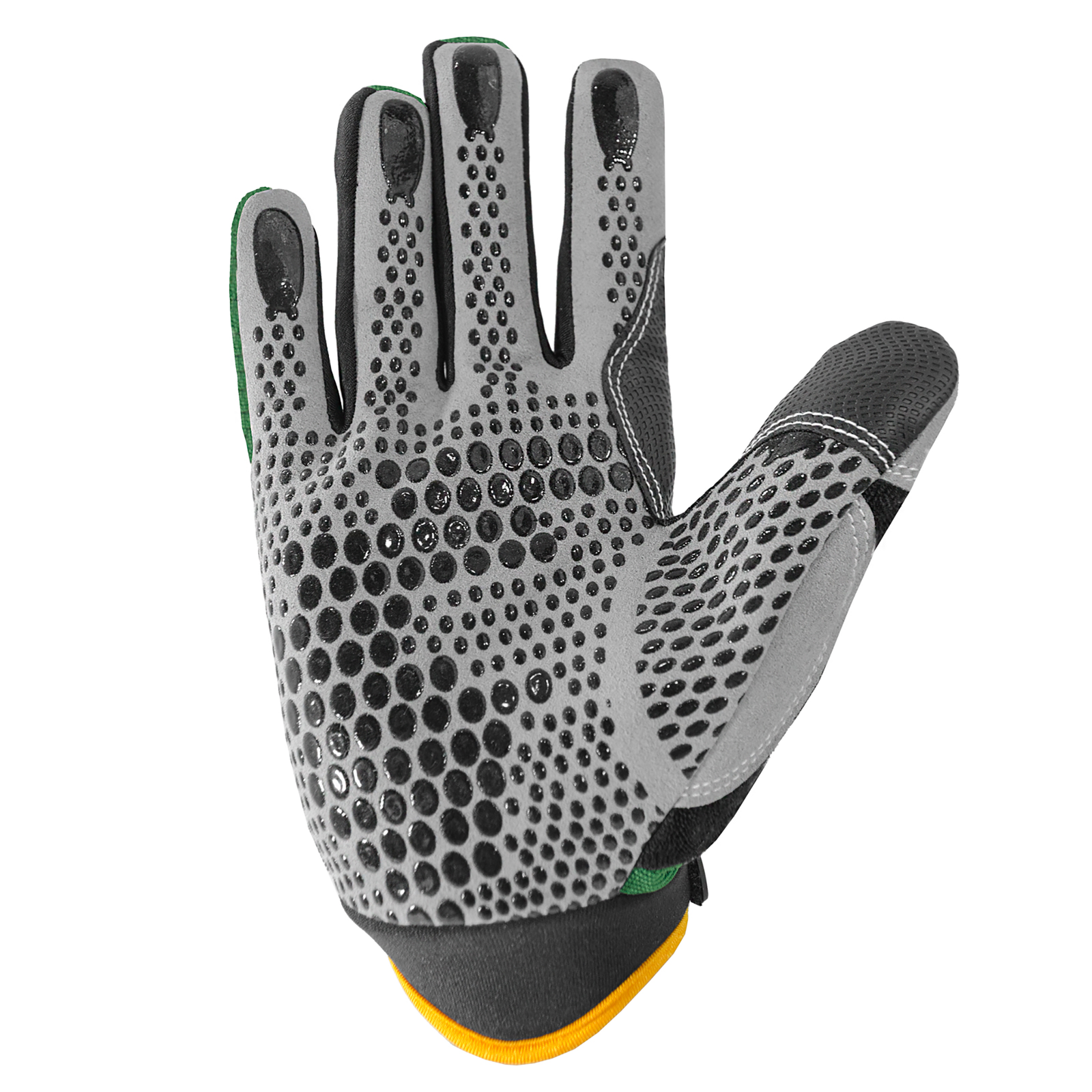 Palm view of the green JORESTECH safety work glove with anti slip silicone black dotted palms