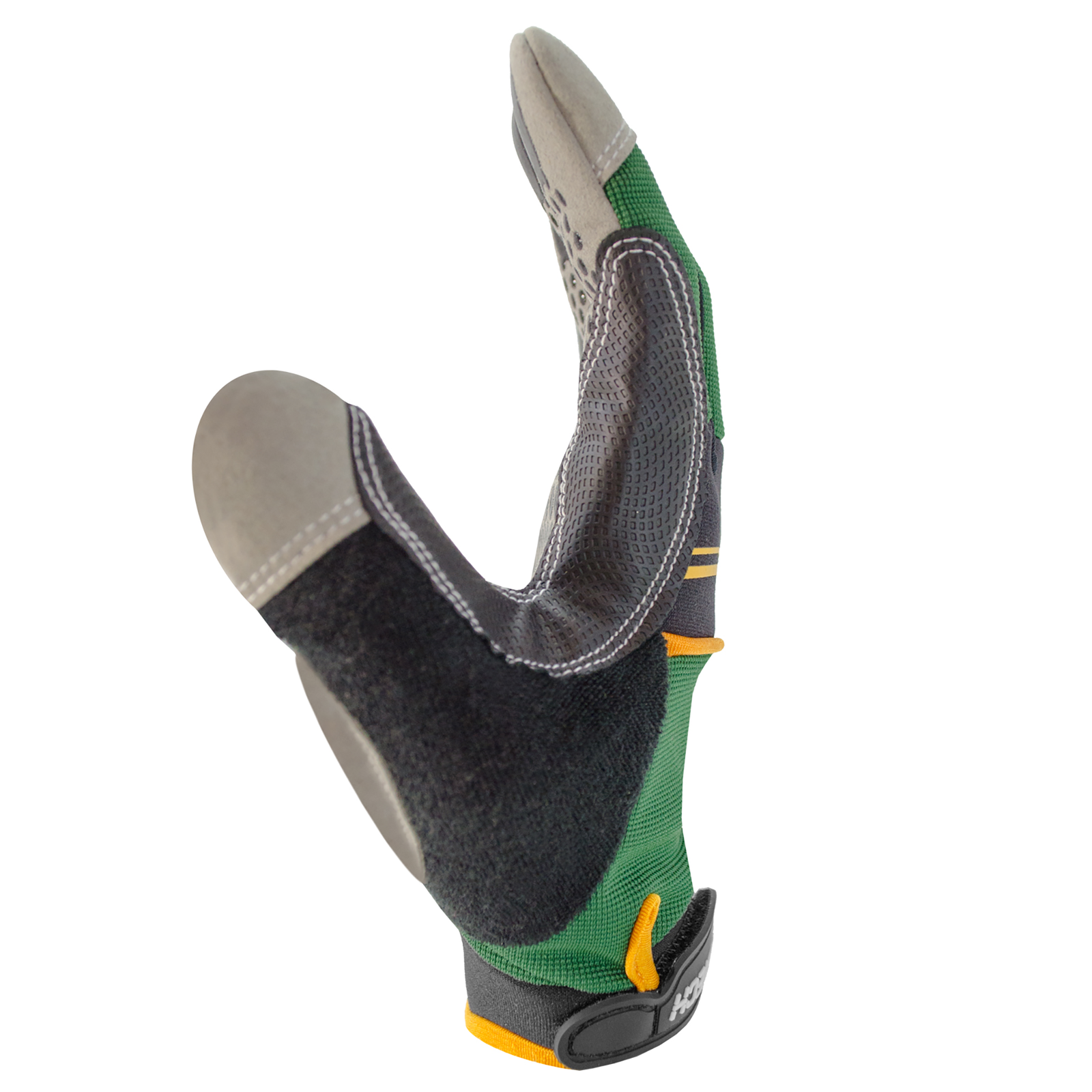 Side view of the green JORESTECH safety work glove with anti slip silicone black dotted palms