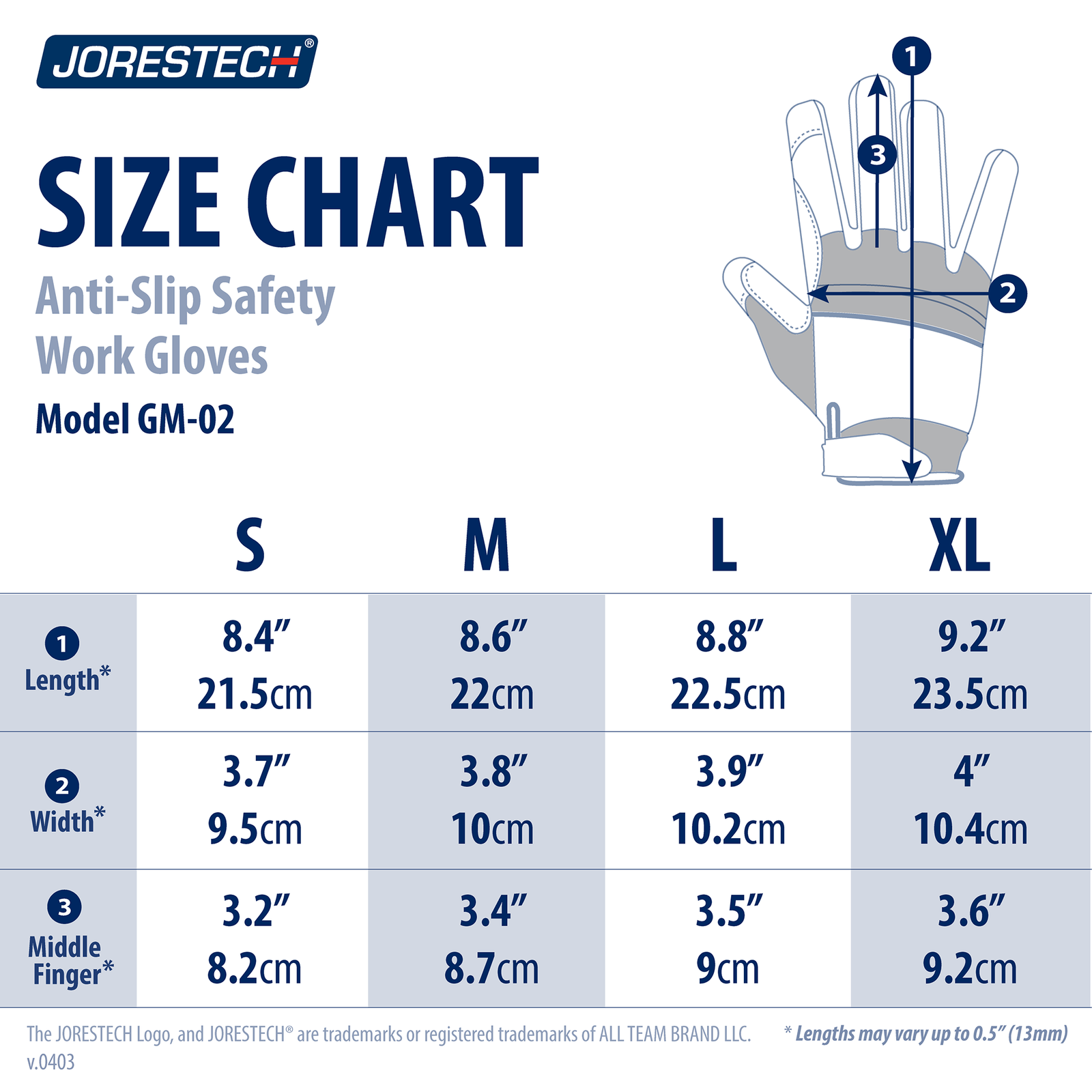 Size chart JORESTECH pink multipurpose work glove
